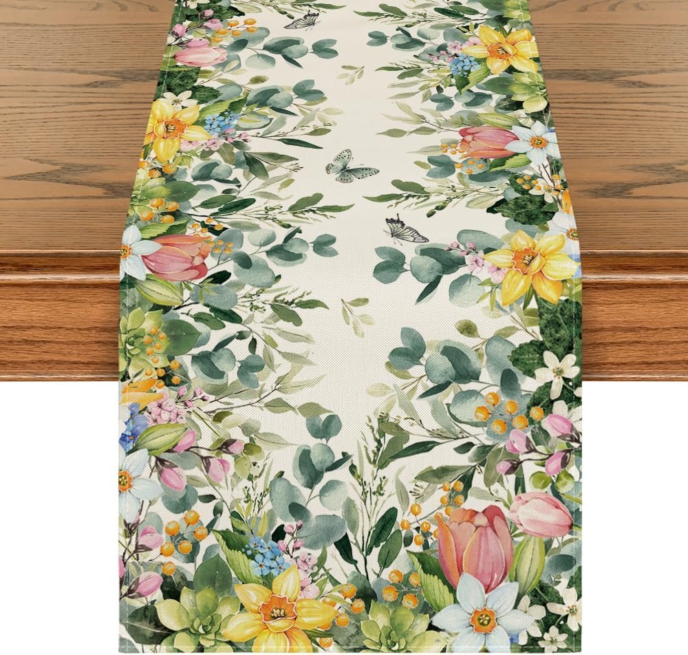 Artoid Mode Bloom Flowers Eucalyptus 210 GSM Spring Table Runner, Seasonal Summer Kitchen Dining Table Decoration for Home Party Decor 13×90 Inch
