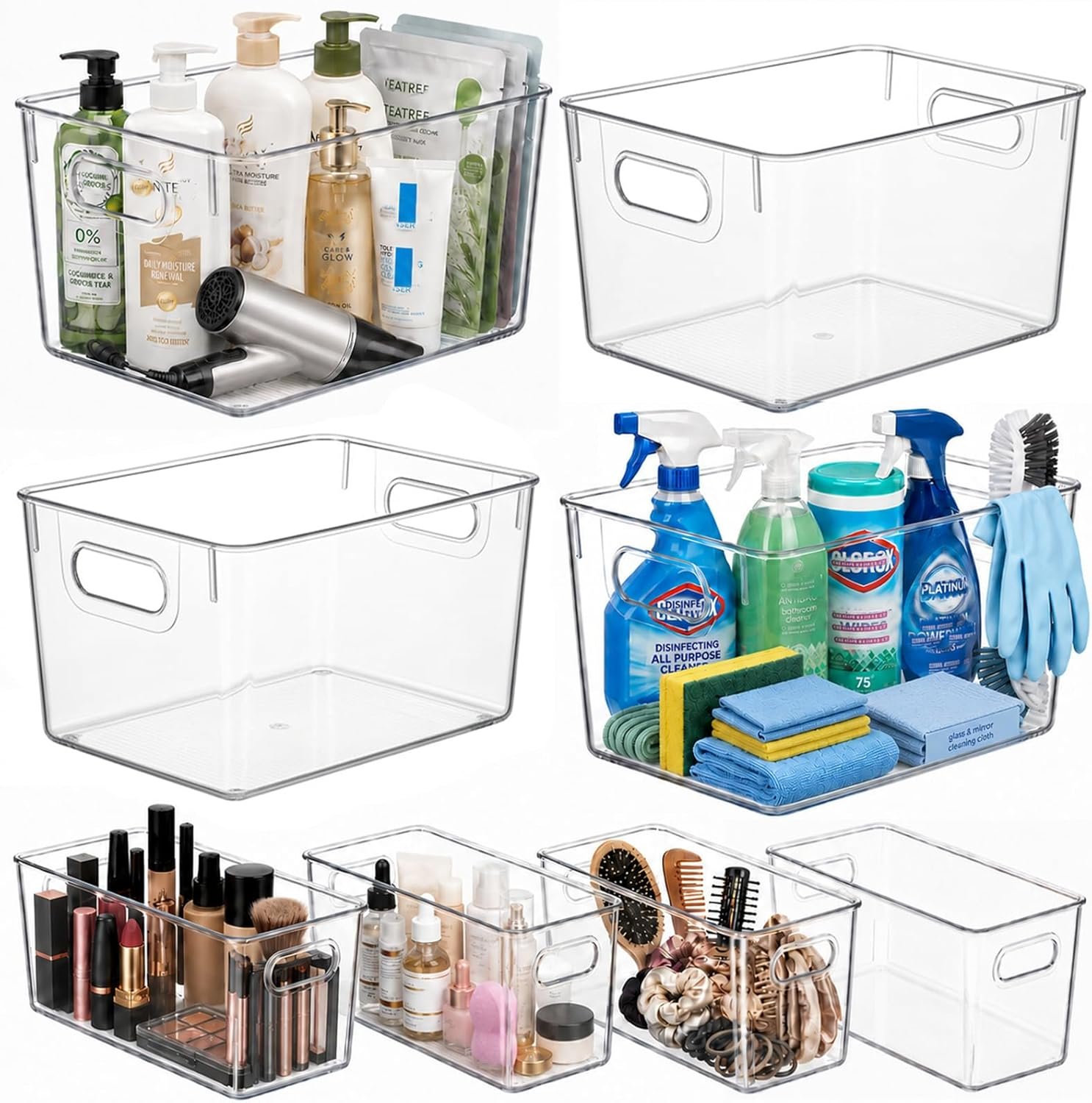 MOONEDGE 8 Pack Modular Clear Plastic Storage Organizer Bins – 4 Large & 4 Narrow, Nestable Space-Saving System for Pantry, Kitchen, Fridge, Bathroom & Cabinet Organization – Versatile & Easy to Use