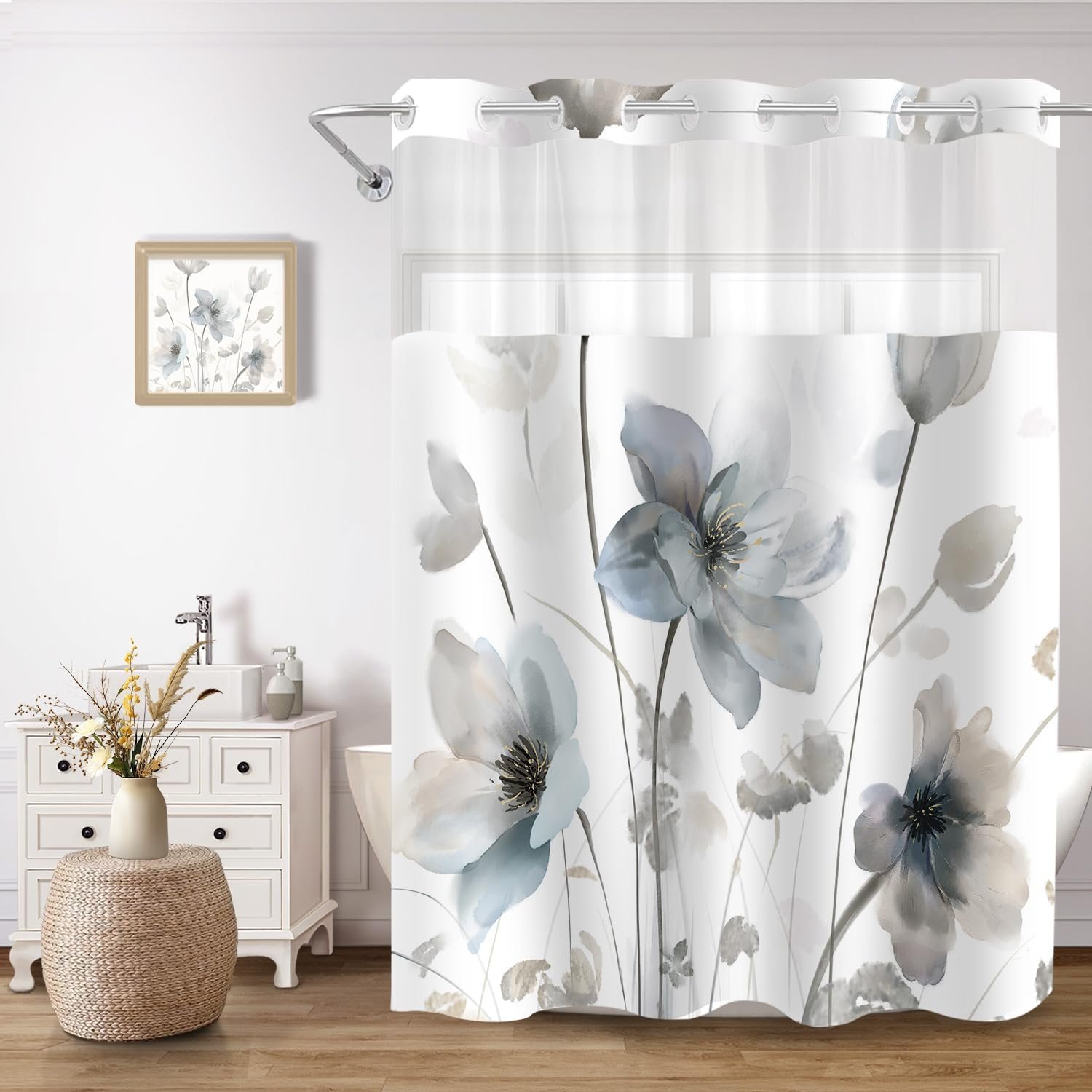 No Hook Shower Curtain and Liner Set, Blue and Grey Boho Floral Shower Curtains for Bathroom, Watercolor Flower Waterproof Bathroom Curtain Sets with Snap in Liner, 71×74 Inch