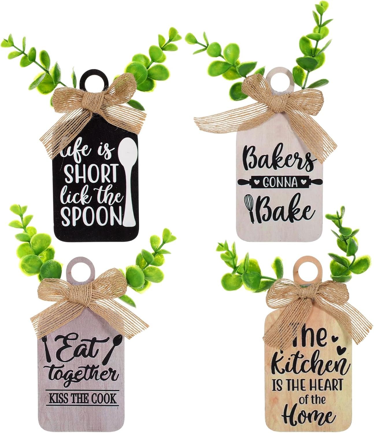 Mabor 4pcs Kitchen Wall Decor, Black and Light Brown Wood Hanging Signs for Home Kitchen, Dining & Living Room