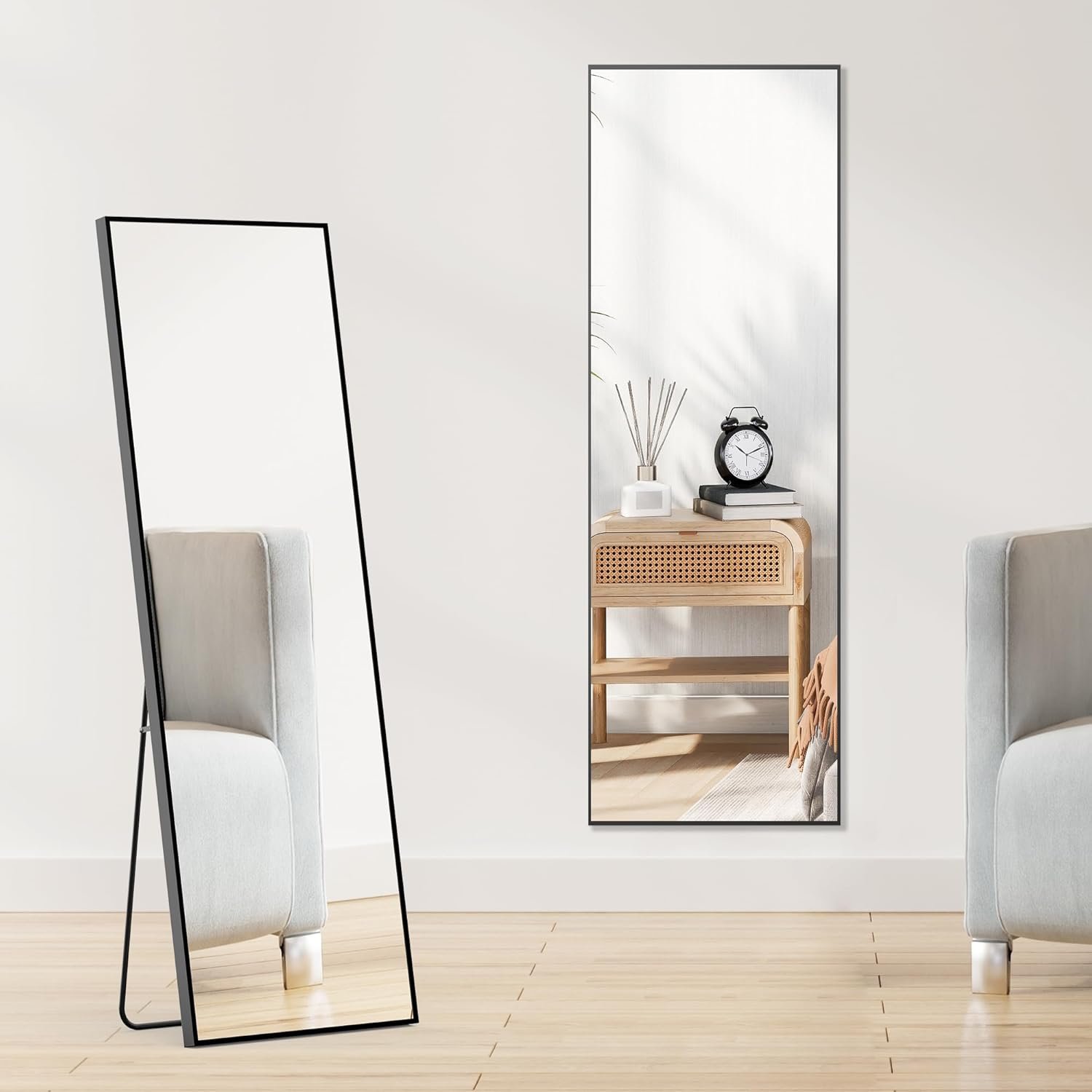 DUMOS Black Full Length Mirror with Stand, 59”×16.5” Floor Mirror with Aluminum Alloy Frame for Bedroom, Standing Full Body Mirror with Shatter-Proof Glass for Wall, Living Room, Cloakroom