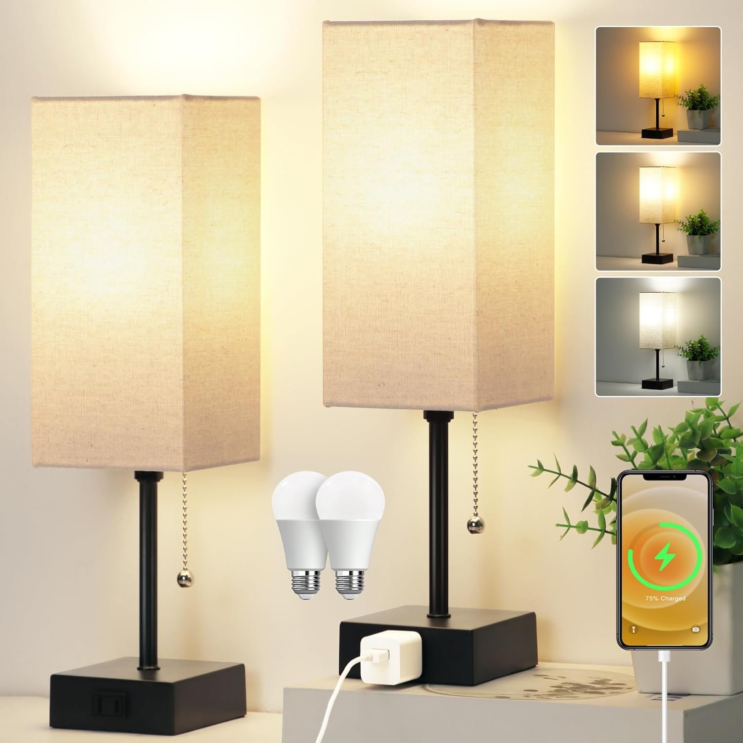 15” Table Lamp for Bedroom set of 2,3-Color Bedside Lamps with Pull Chain Table Lamps for Night stands with AC Outlet,Small Night Light Lamps with 2 Bulbs Lamps for Living Room Kids Room Office Decor