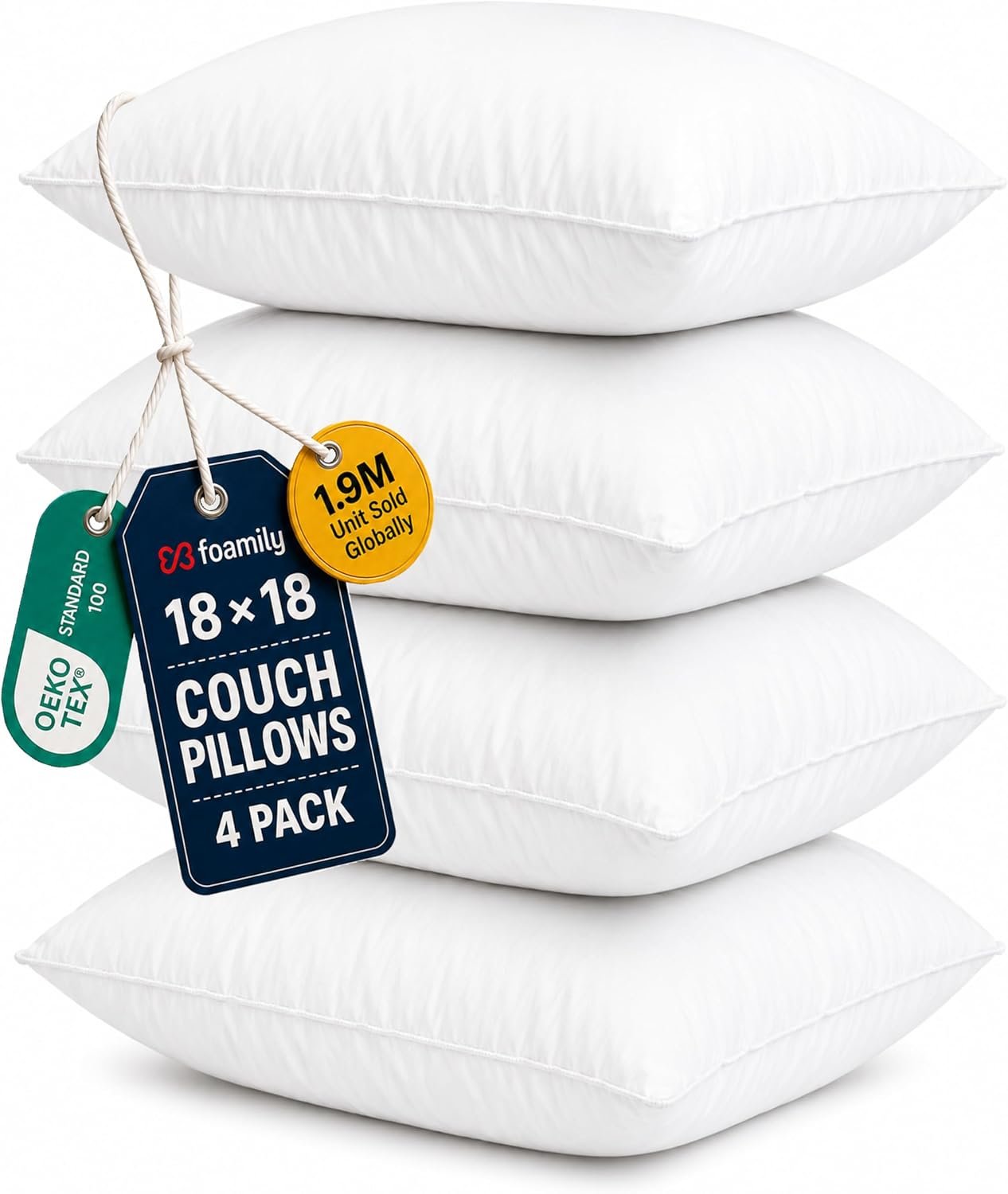 Foamily Throw Pillow Insert 18×18 (Set of 4) Premium Decorative Pillows for Couch, Bed & Living Room, Soft Fluffy Throw Pillows for Couch, Pillow Inserts for Home Decor