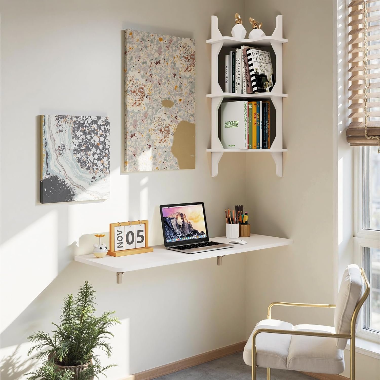 Wall Mounted Drop-Leaf Table, Floating Laptop Desk, Folding Table with Shelves, Multifunctional Computer Workstation with Storage Compartments in Home Office for Space Saving (Rustic Oak)