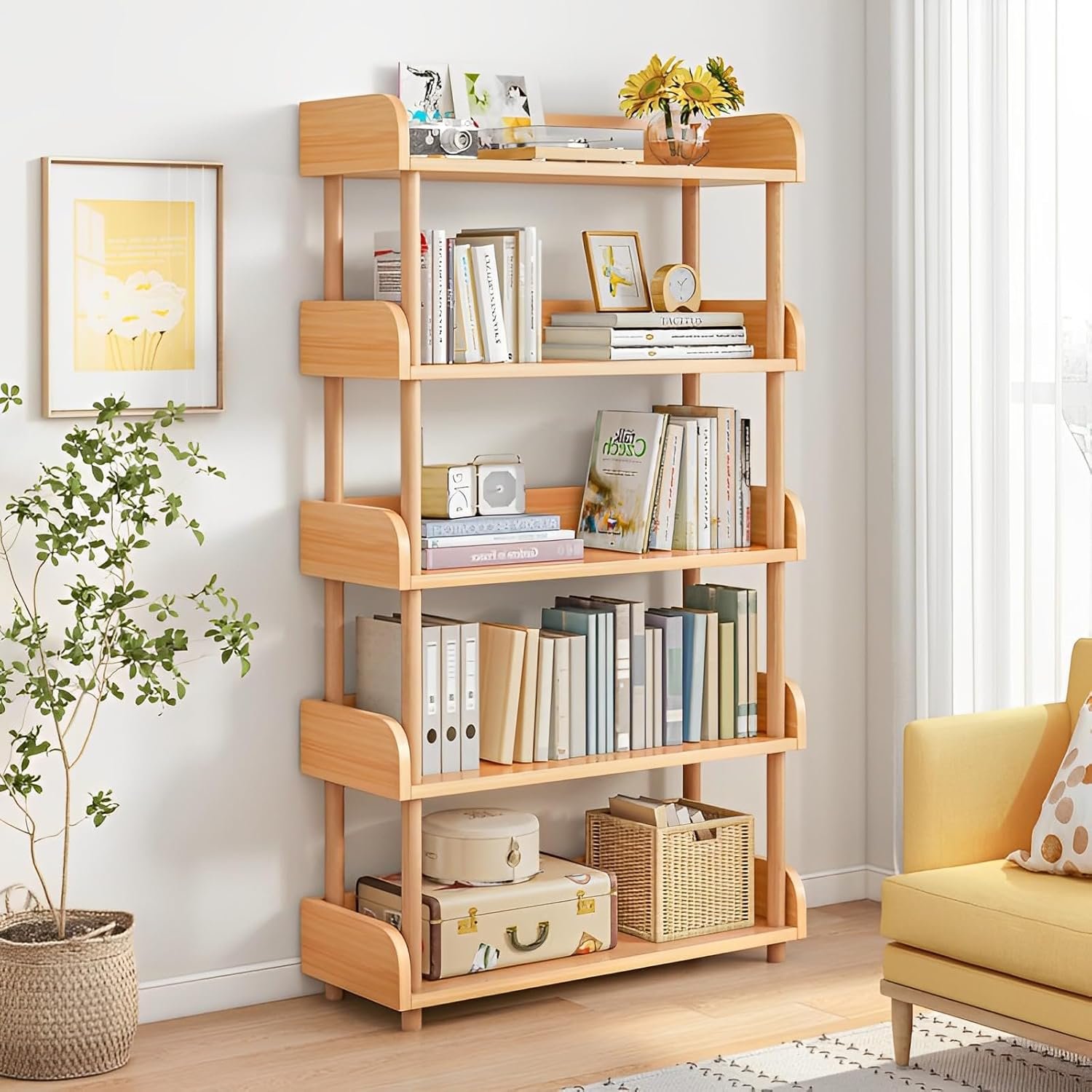 OSCHF 5-Tier Wooden Open Bookcase – Modern Display Bookshelf with Top Edge and Solid Wood Frame for Home and Office, Storage Cabinet, Oak