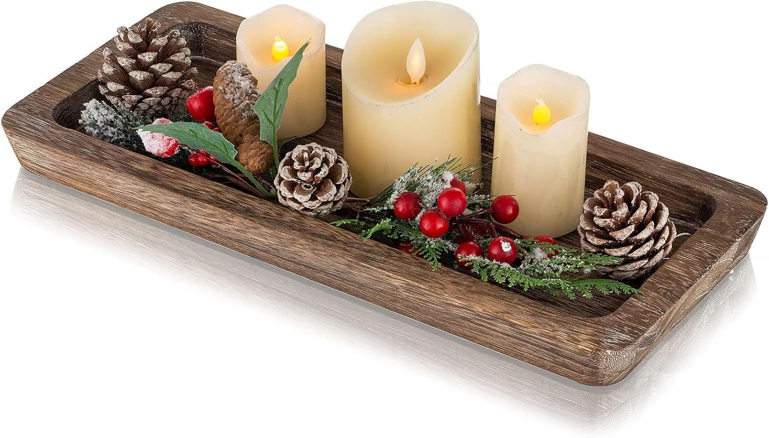 Romadedi Wooden Decorative Tray Candle Holder – Wood Long Narrow Tray Home Decor Small Rustic Centerpieces Trays for Coffee Table Dining Room Kitchen