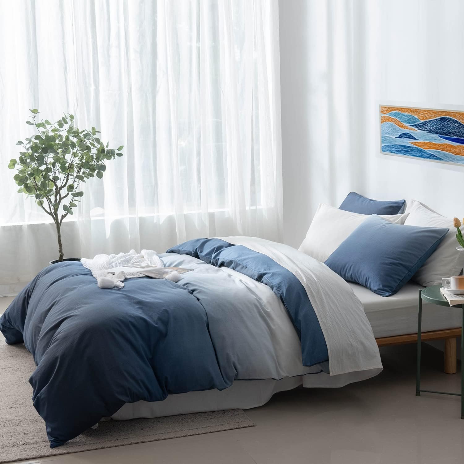 100% Cotton Duvet Cover Queen Size – Reversible Ocean Blue Duvet Cover Set with Button Closure, Gradient Navy Blue Bedding Set 3 Pcs, 1 Duvet Cover 90″x90″ with 4 Corner Ties and 2 Pillow Shams 20″x26