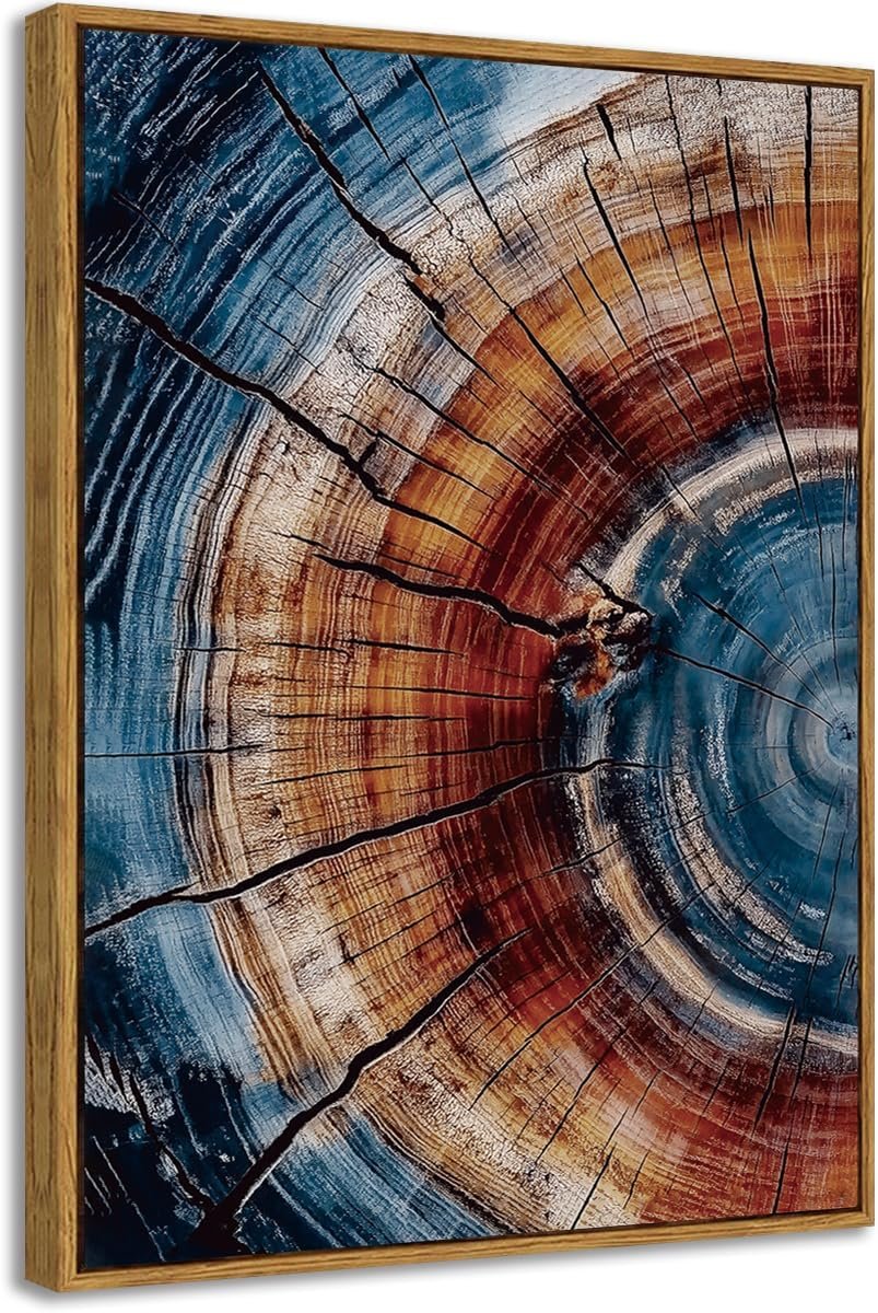 BingruiArt Framed Tree Ring Wall Art Blue and Red Boho Wall Decor Nature Print Wood Canvas Rustic Artwork Abstract Painting Modern Picture for Living Room Bedroom Bathroom 12″x16″ Natural Framed(01)