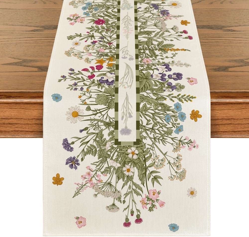 Artoid Mode Vintage Wildflowers Daisy Spring Table Runner,Seasonal Summer Floral Kitchen Dining Table Decoration for Home Party Decor 13×72 Inch