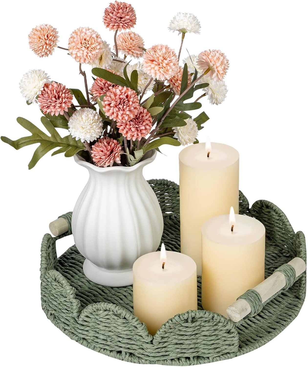 CubesLand Round Scalloped Decorative Centerpiece Tray for Coffee Table, Home Decor, Living Room – Green Tray w/Wooden Handle – Warm and Elegant for Holidays, Housewarmings – Candle Plate Holder
