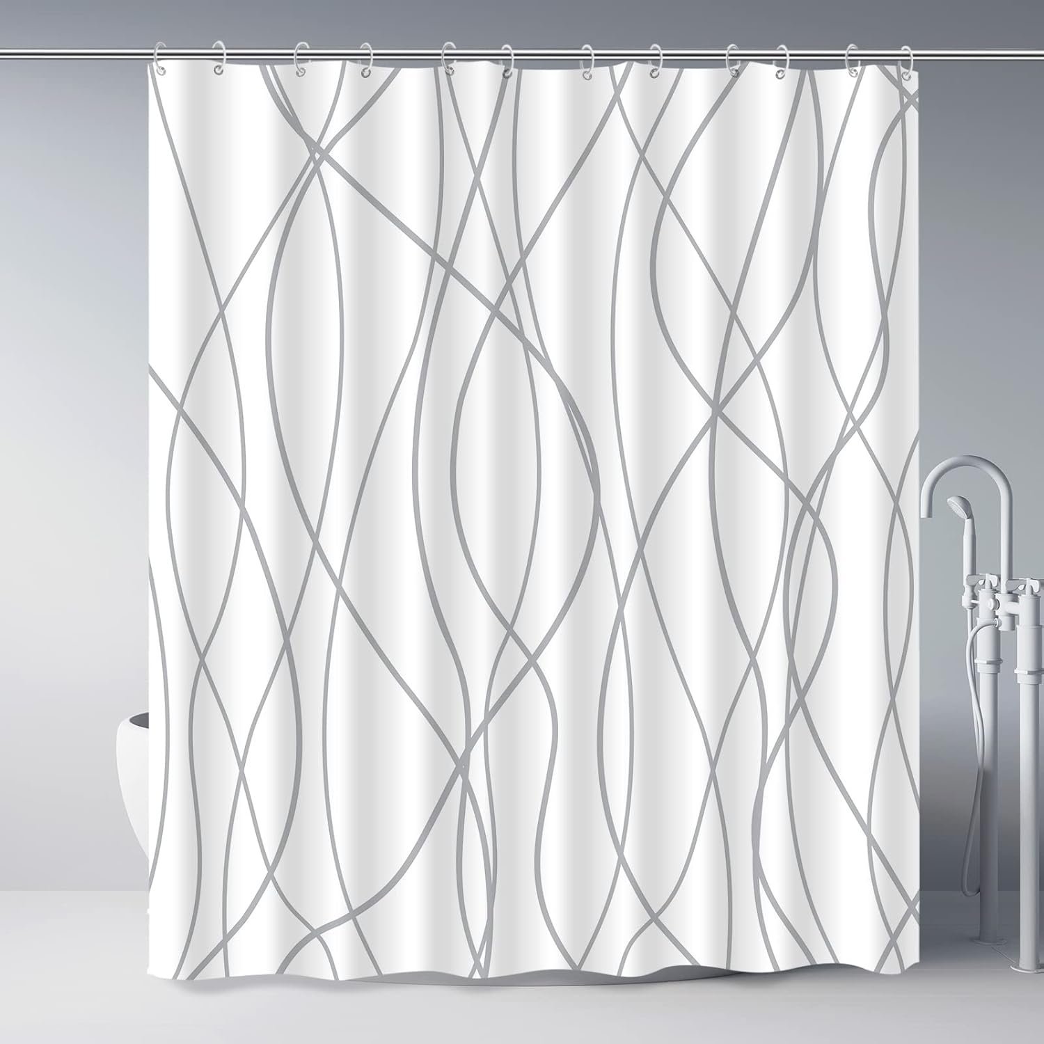 Grey and White Striped Polyester Shower Curtain for Bathroom with Hooks, Curtains 72 Inches Long, Weighted Hem, Waterproof Bath Accessories Hotel Style – Machine Washable