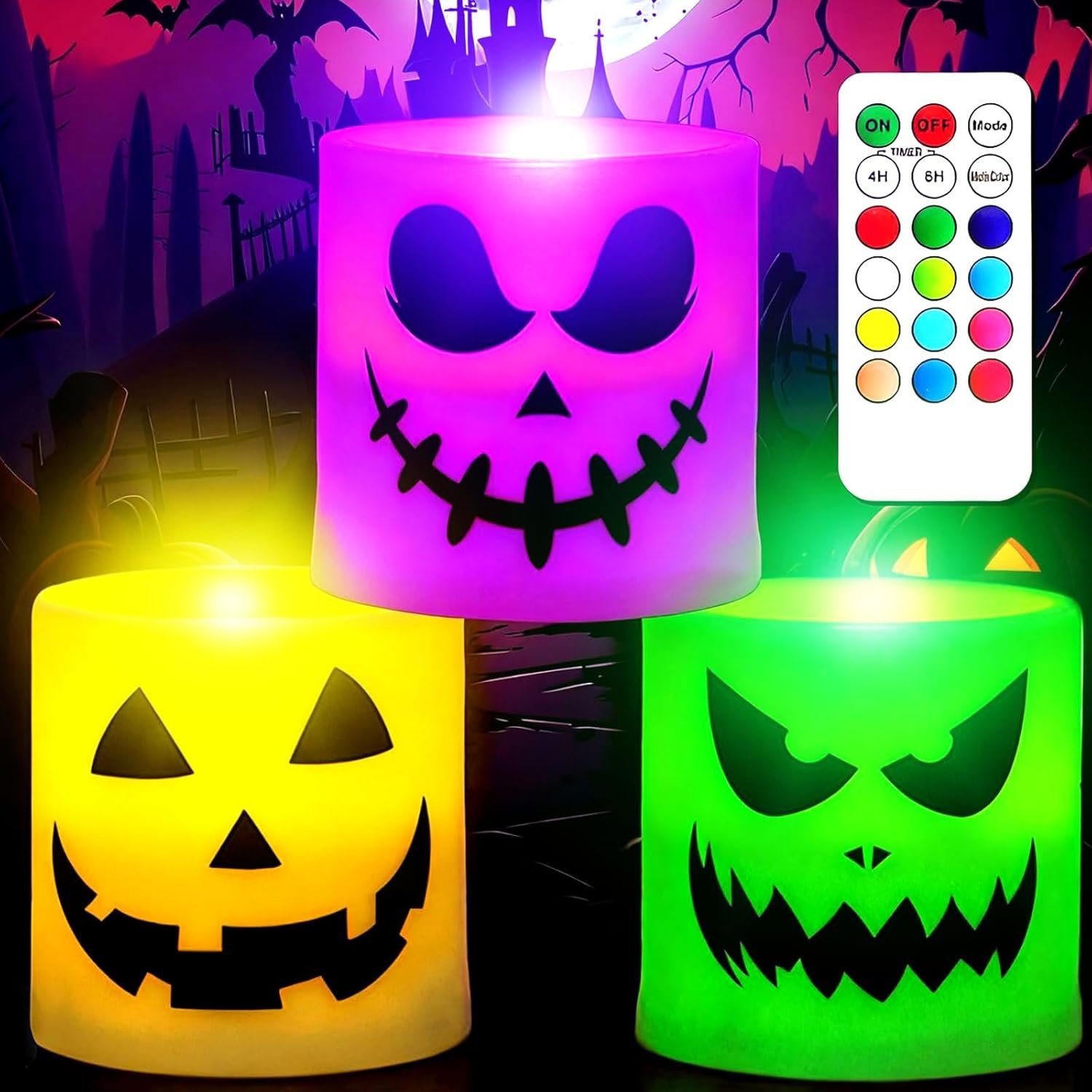 Halloween Flameless Candles – 3 Pack Colored Battery Operated Pumpkin Ghost Face Candles,LED Muti Color Grimace Night Light,Scary Halloween Decor,Fall Table Centerpieces, Spooky Home, Day of The Dead