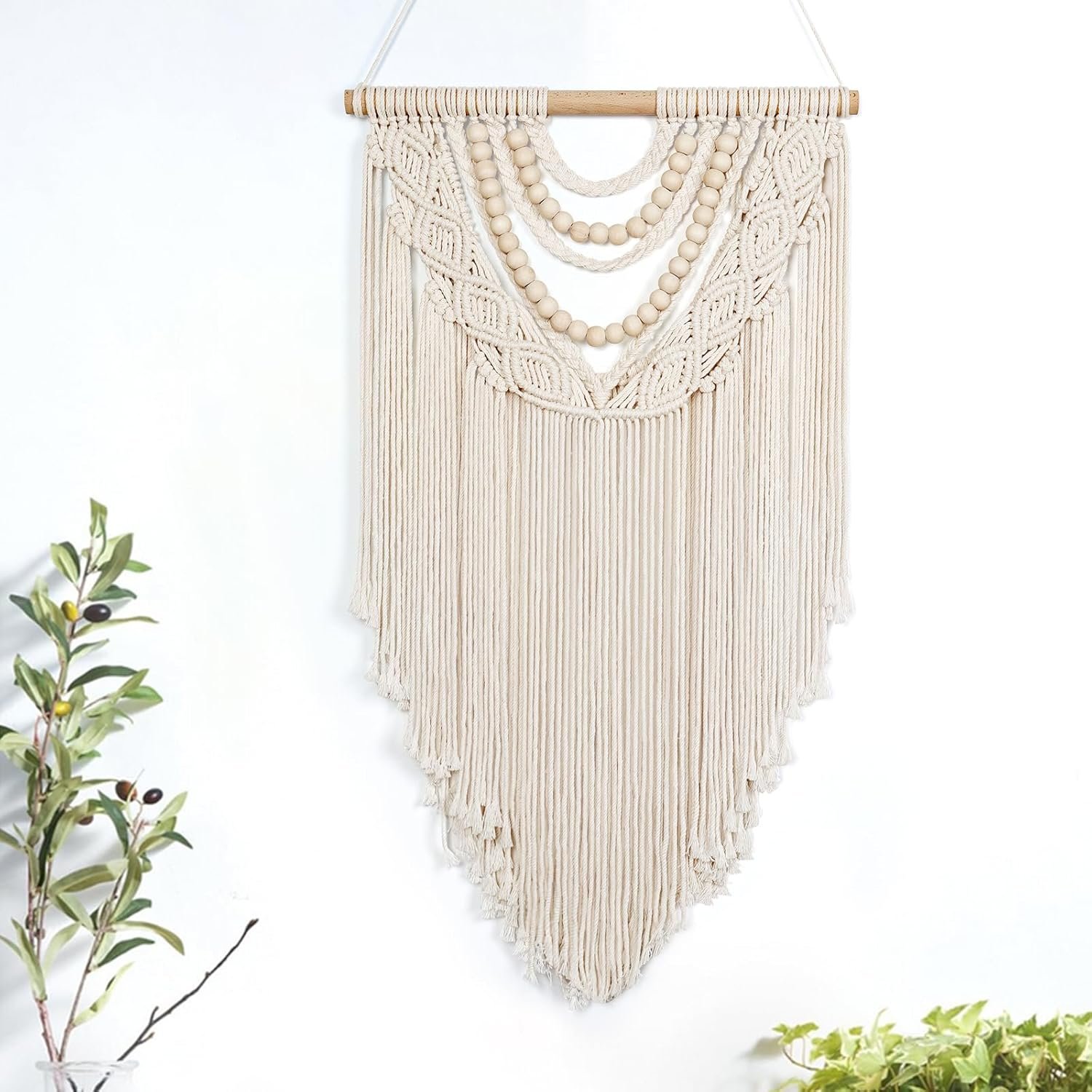 LOMOHOO Macrame Wall Hanging Boho Handmade Geometric Woven Tapestry Bohemian Wall Art Decor with Chic Wooden Beads Home Decor for Bedroom Living Room Apartment Dorm Gallery Wedding 16.5″x30″