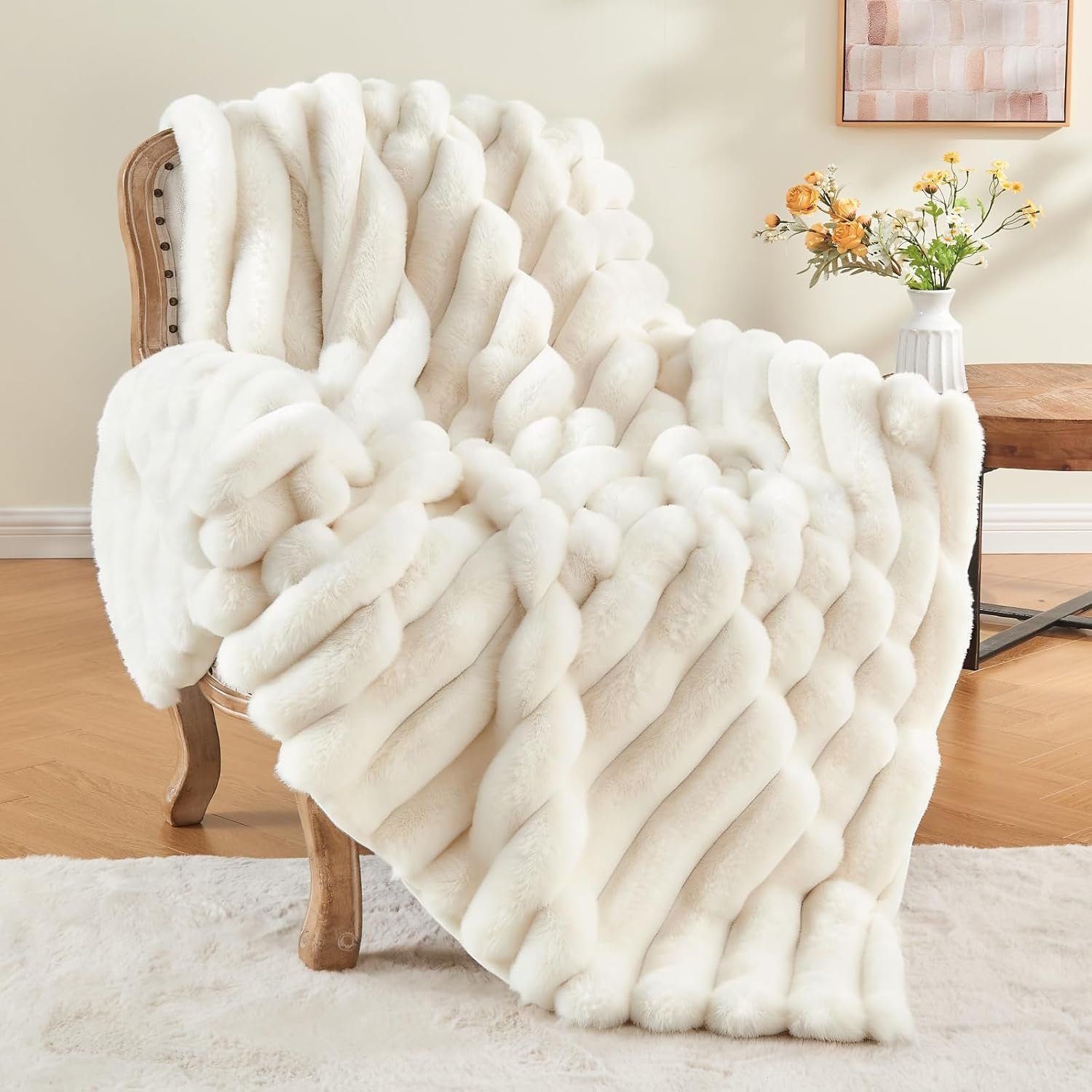 BEDELITE Faux Fur Throw Blanket for Couch, Soft and Cozy Luxurious 3D Striped Fluffy Blanket, 770GSM Thick Warm Plush Fuzzy Faux Rabbit Fur Blanket for Women Gift (Cream, 50″x 60″)