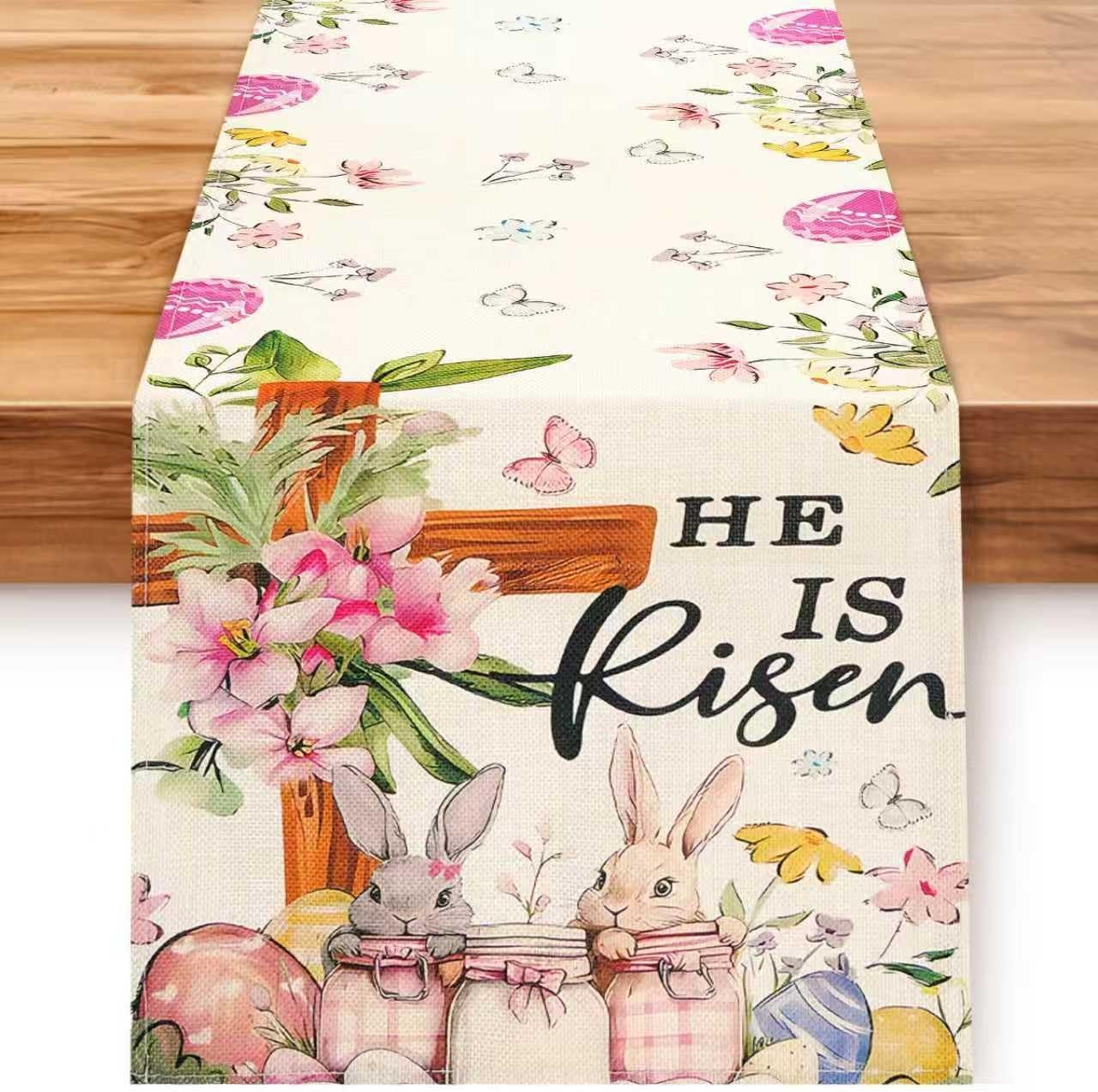 Easter Table Runner 13×72 Inch, Easter Decorations for Table Decor, Bunny Table Runner with Cross Flower, He is Risen Decors Spring Kitchen Dining Table Decor for Home