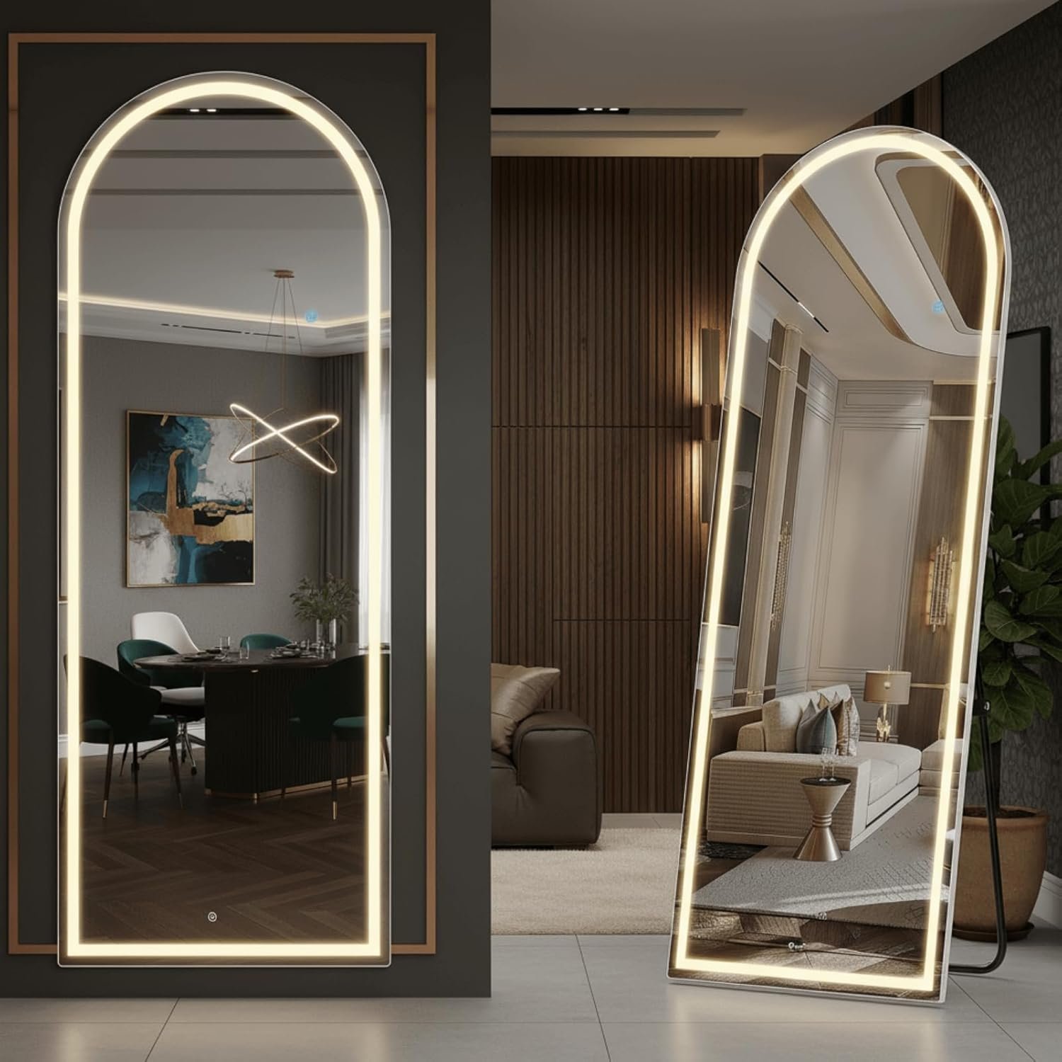 Alpen 71″ x 26″ Arched Full Length Mirror with LED Lights, Floor Mirror with Stand, Full Length Body Floor Mirrors, Wall Mounted Mirrors for Bedroom Dimmable Tempered Glass