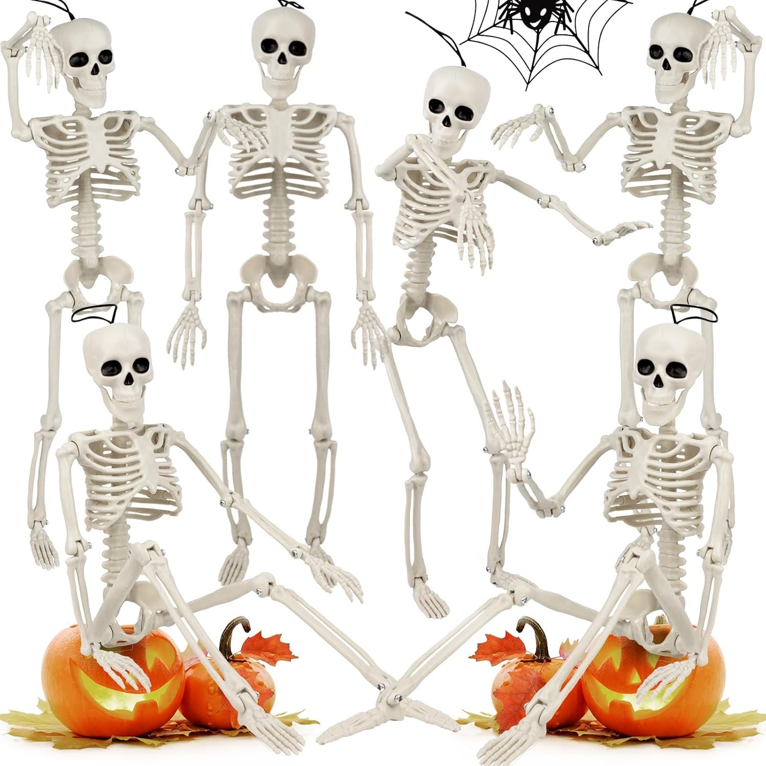 6 Pack Halloween Skeleton Decorations Outdoor: 16″ Full Body Skeleton With Movable Posable Joints – Spooky Halloween Props for Yard, Garden, Lawn, Haunted House, Graveyard Decor