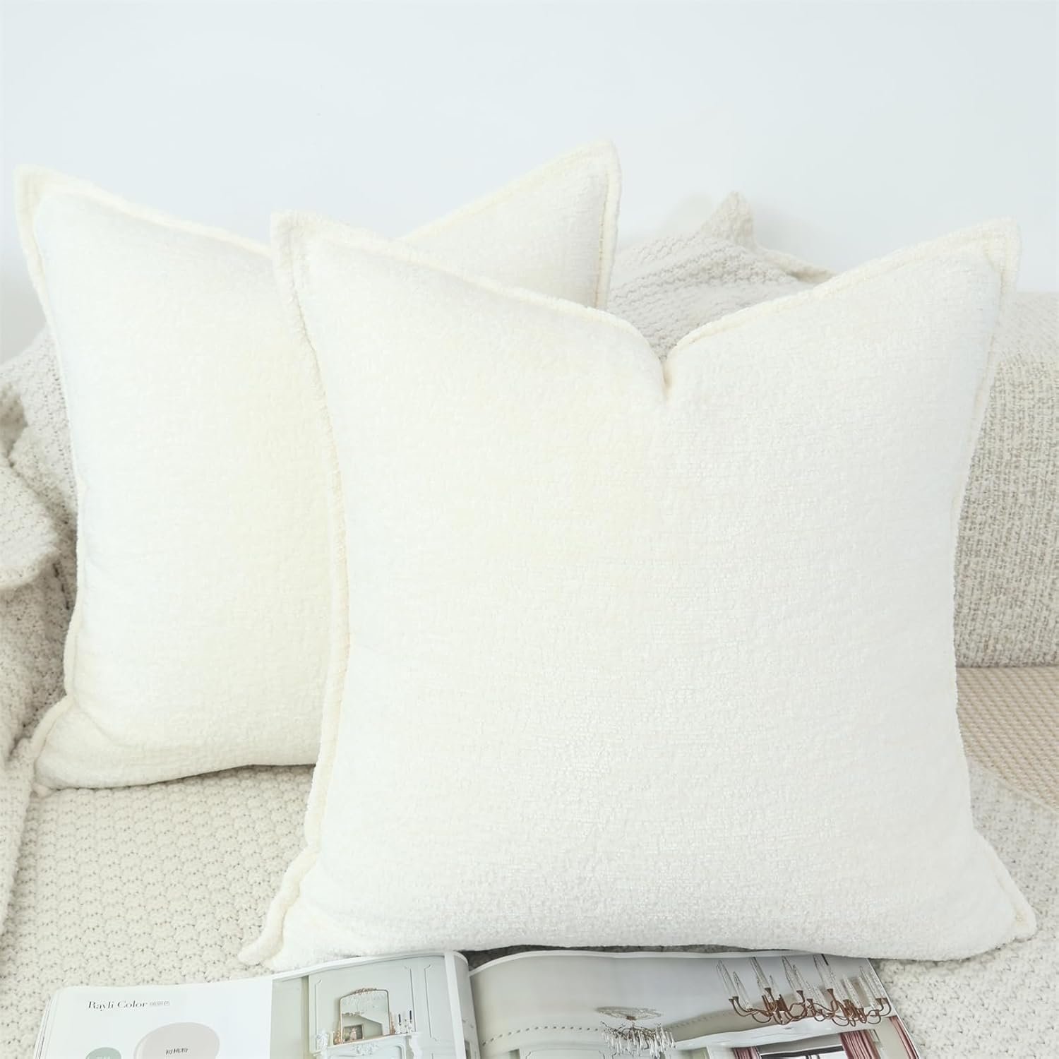 OYIMUA Chenille Throw Pillow Covers 16×16 Cream White Set of 2 Modern Decorative Pillowcases Soft Textured Cushion Covers Accent Pillows for Couch Bed Living Room