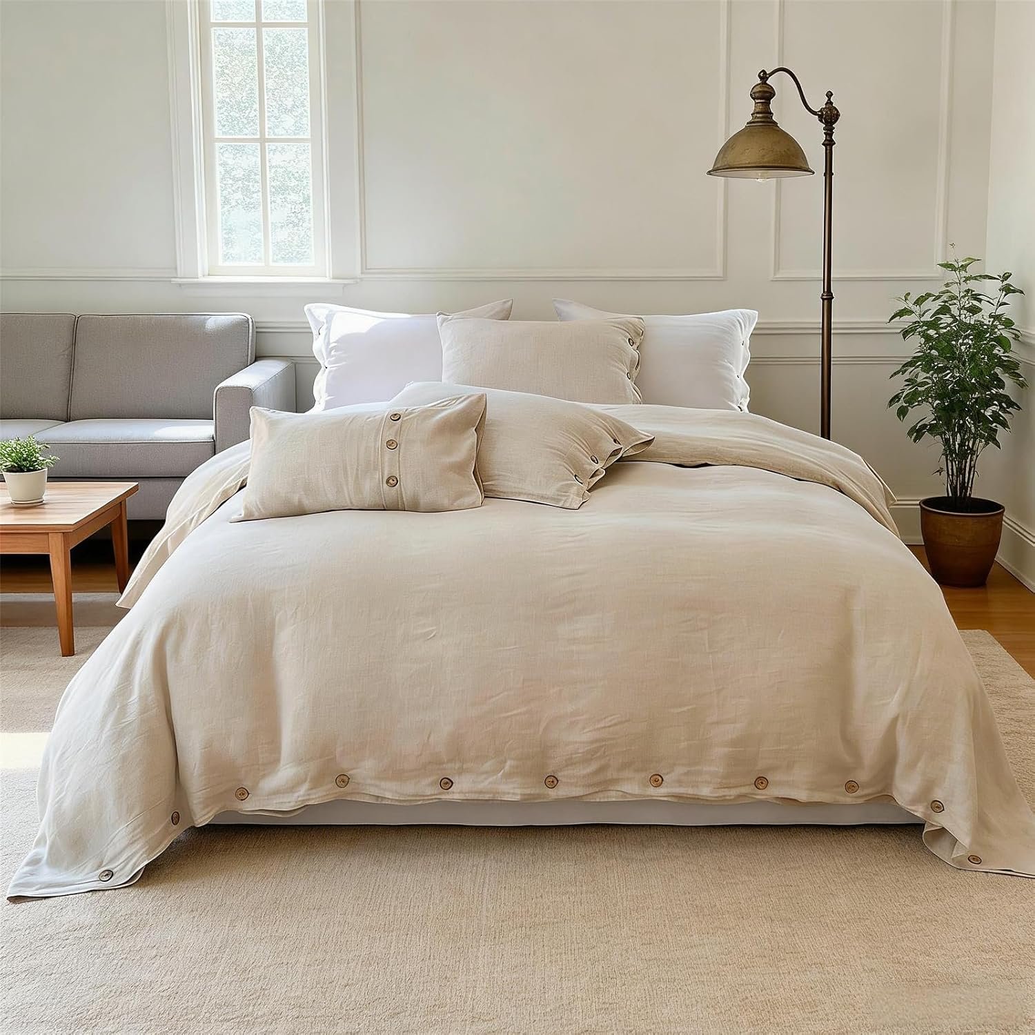 Simple&Opulence 100% Linen Duvet Cover Set 3pcs with Coconut Button Closure Natural French Washed Flax Solid Color Soft Breathable Farmhouse Bedding – Linen, King Size