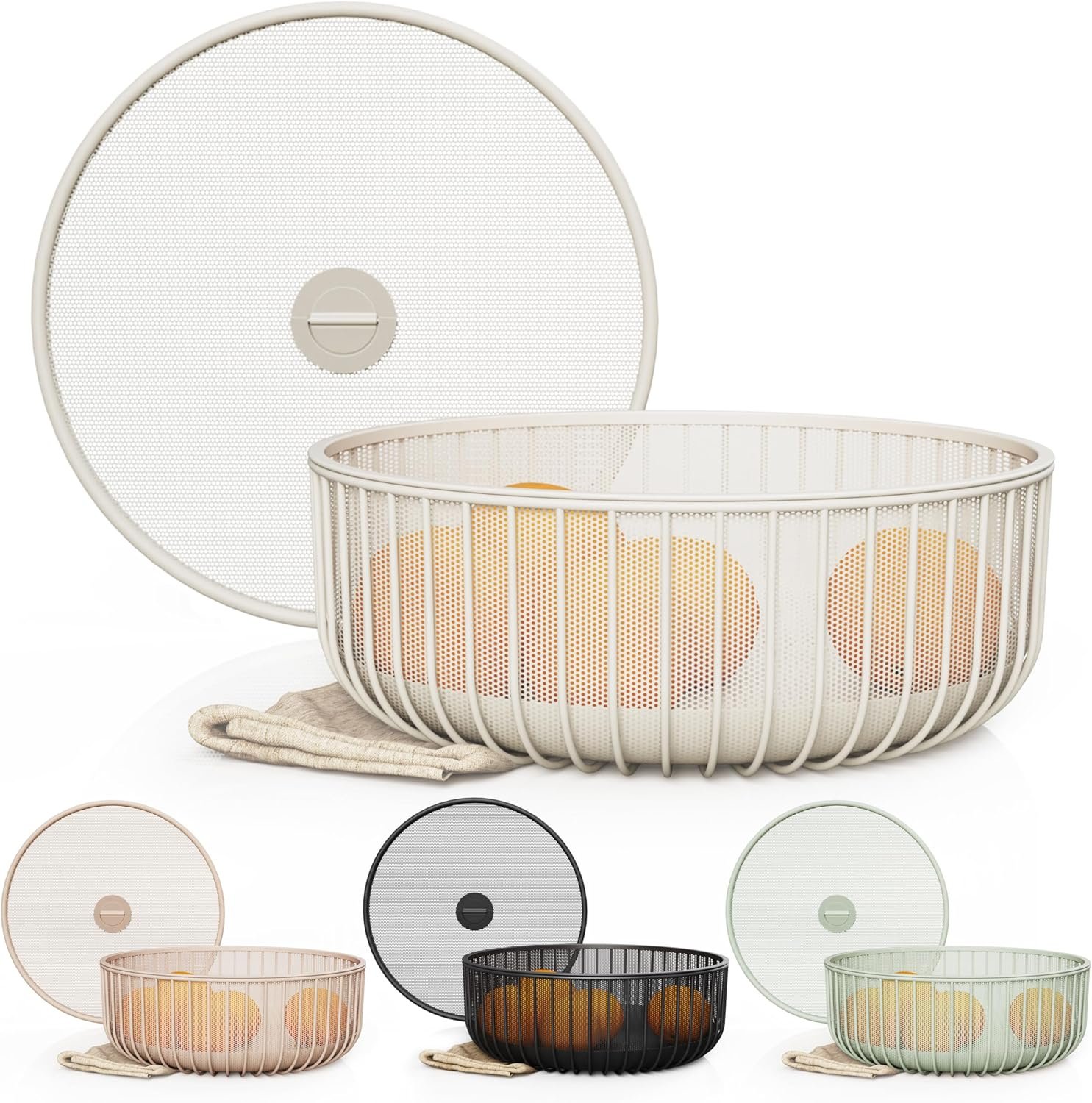 LIBKEN Metal Fruit Bowl with Mesh Lid and Basket – Fruit and Vegetable Holder for Kitchen Counter – Versatile and Durable Storage Basket Organizer for Fruit, Veggie, Snacks – 11x11x4-Inch (Warm Gray)