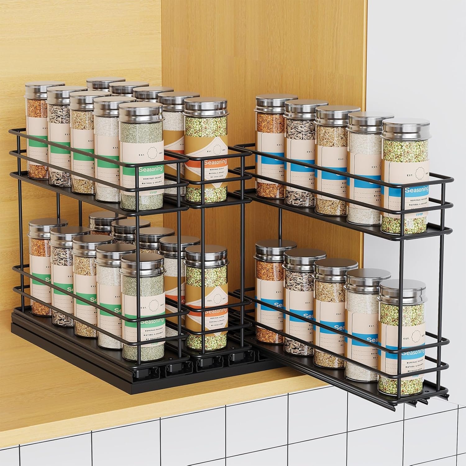Mystozer Pull Out Spice Rack Organizer for Cabinet, Slide Out Spice Racks, Easy to Install Spice Cabinet Organizers, 7.4″ Wx10.43 Dx8.26 H, 3 Drawers 2 Tiers(Black)