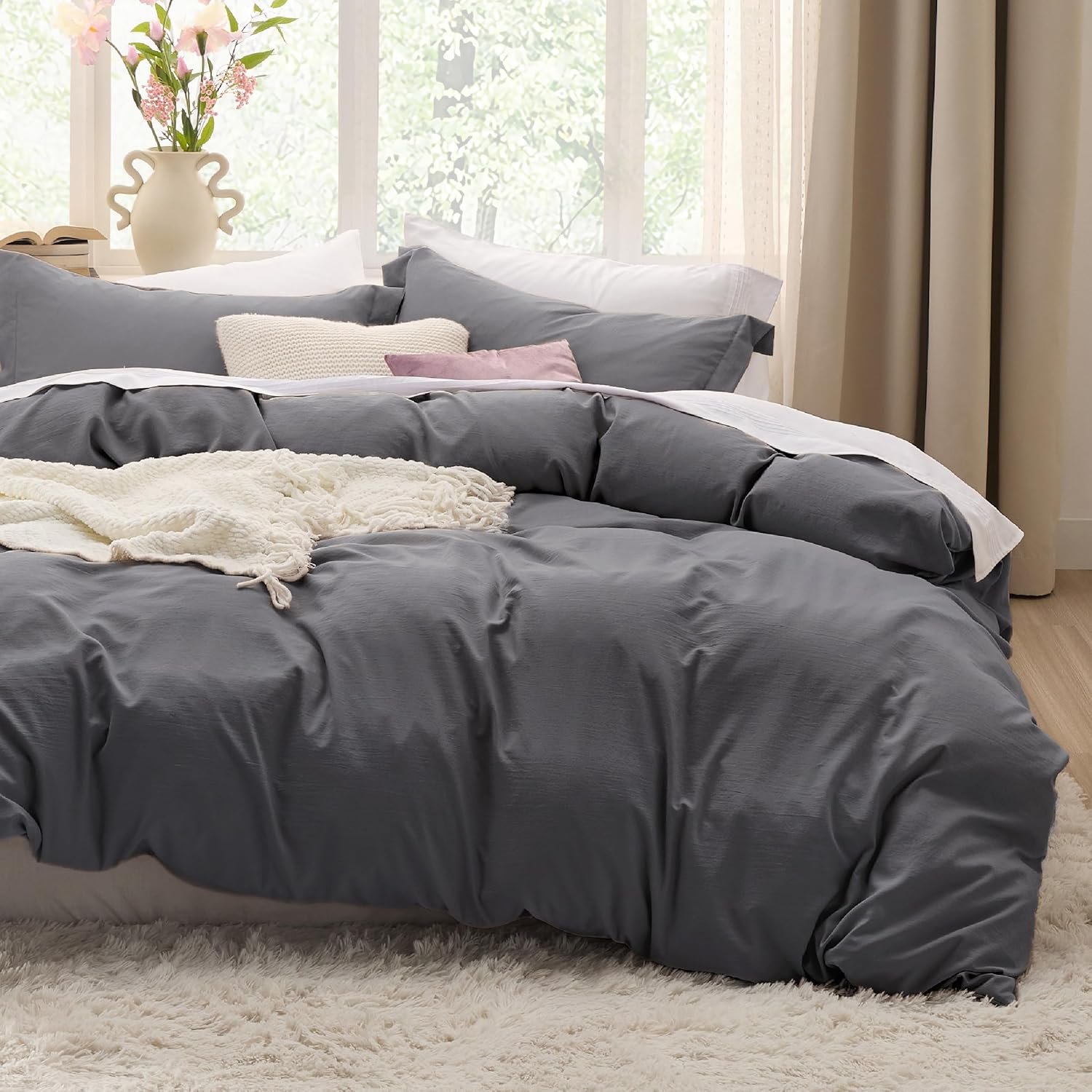 Bedsure Dark Grey Duvet Cover Queen Size – 3 Pieces Prewashed Cotton-Like Polyester Soft Bedding Set, Includes 1 Duvet Cover 90×90 Inches with Zipper Closure & 2 Pillow Shams, Comforter Not Included