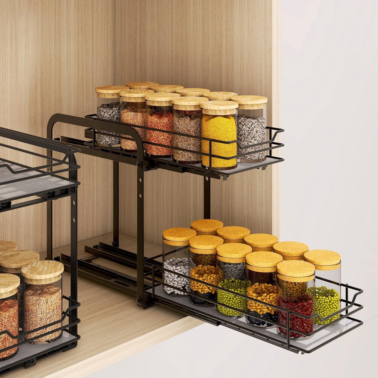 BOIVSHI Spice Rack Organizer for Cabinet, 2 Tier Pull Out Spice Organizer for Cabinet Height Adjustable Heavy Duty Metal Basket for Inside Cabinets & Pantry Closet (5.5”Wx10.5”Dx9.5”H)