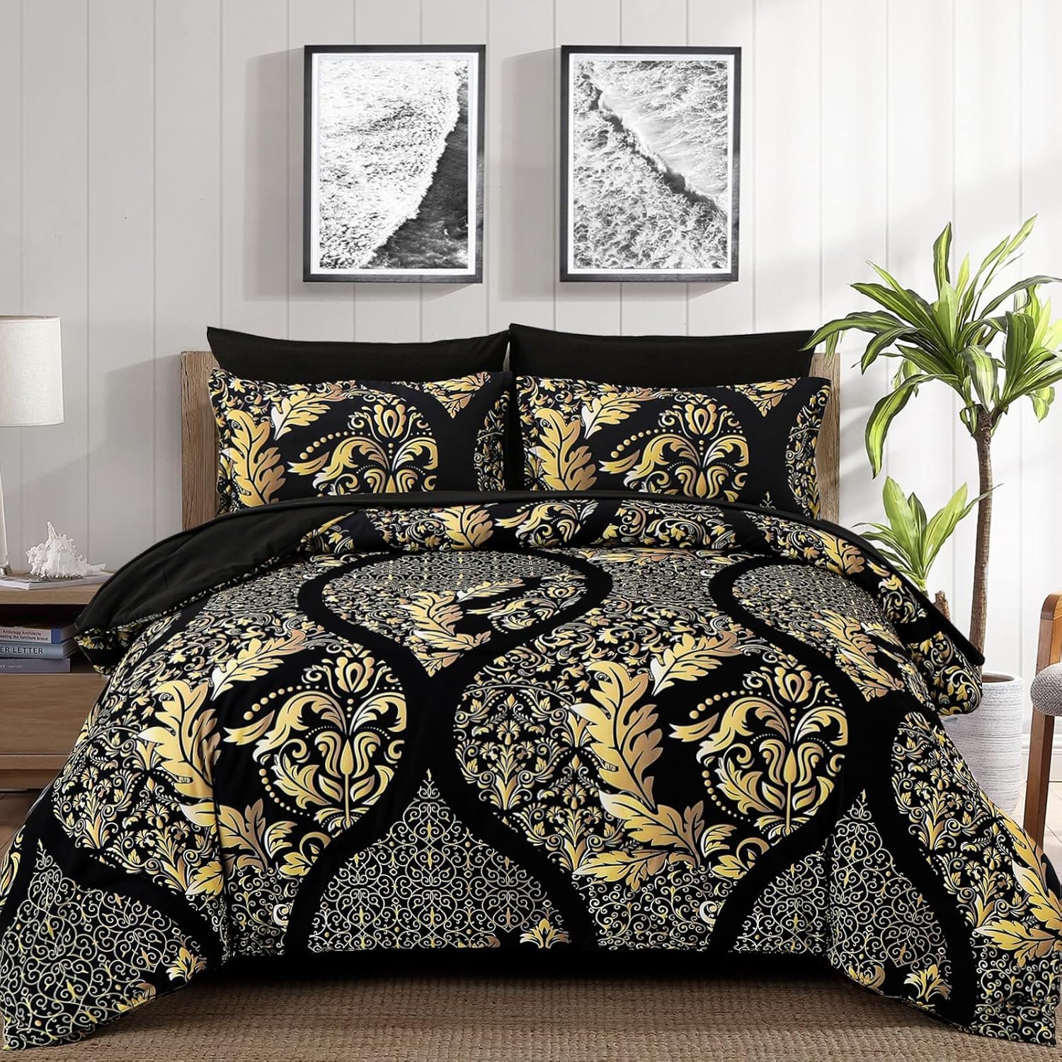 Anibedding Black Gold Comforter Set Queen Size, 7 Pieces Bohemian Damask Comforter Set Soft Lightweight Microfiber Bedding Set for All Season (90″x90″)