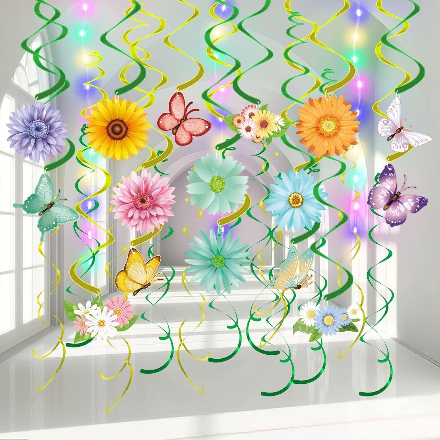 33pcs Spring Hanging Decorations for Home – Flower Butterfly Hanging Swirls with Led Lights for Spring Summer Easter Flower Butterfly Themed Birthday Party Decorations