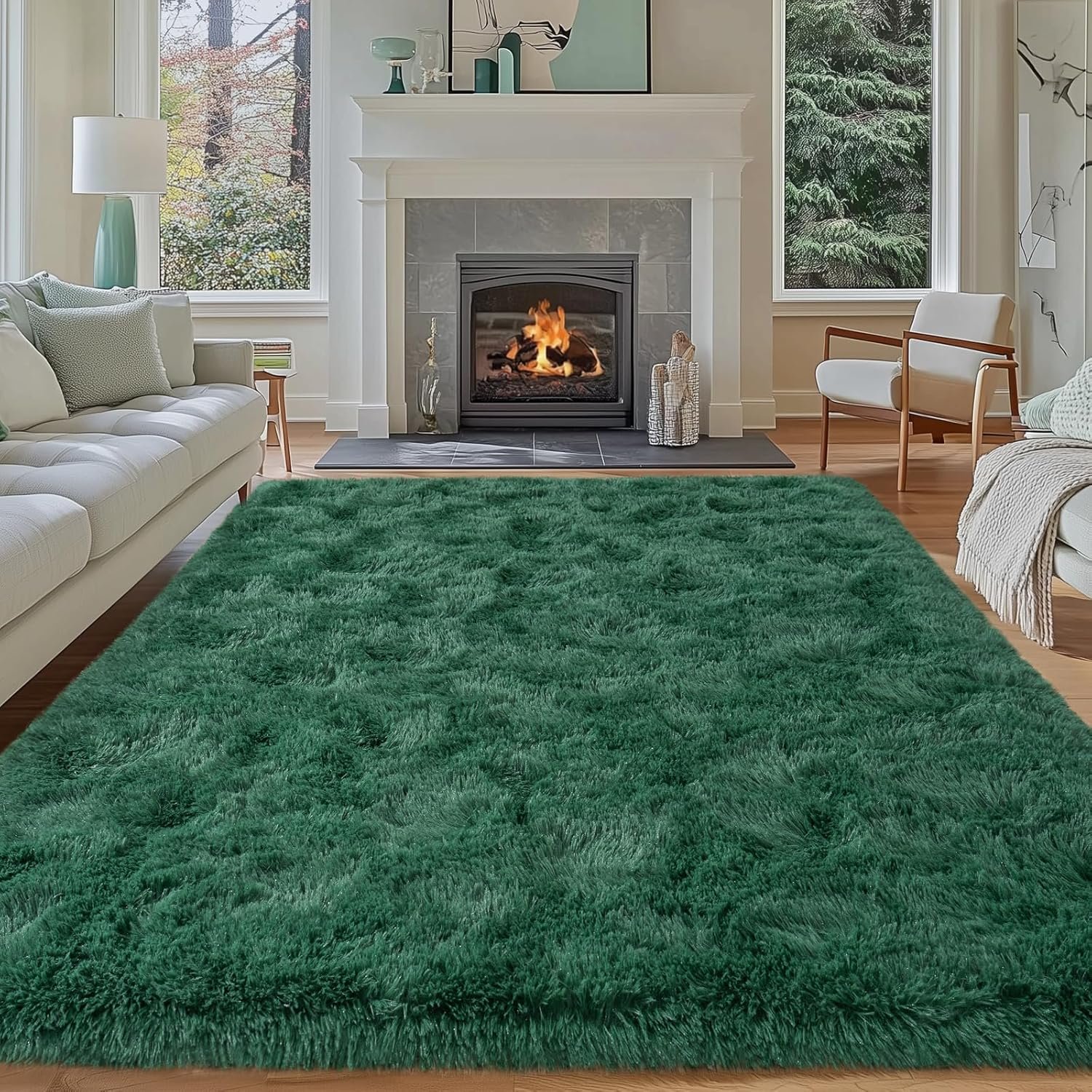 Dssimo Super Fluffy 8×10 Rugs for Living Room, Modern Shag Dark Green Area Rugs, Soft and Cozy Plush Large Under Bed Carpet for Kids, Girls Boys and Teens Decorations for Bedroom Nursery Classroom