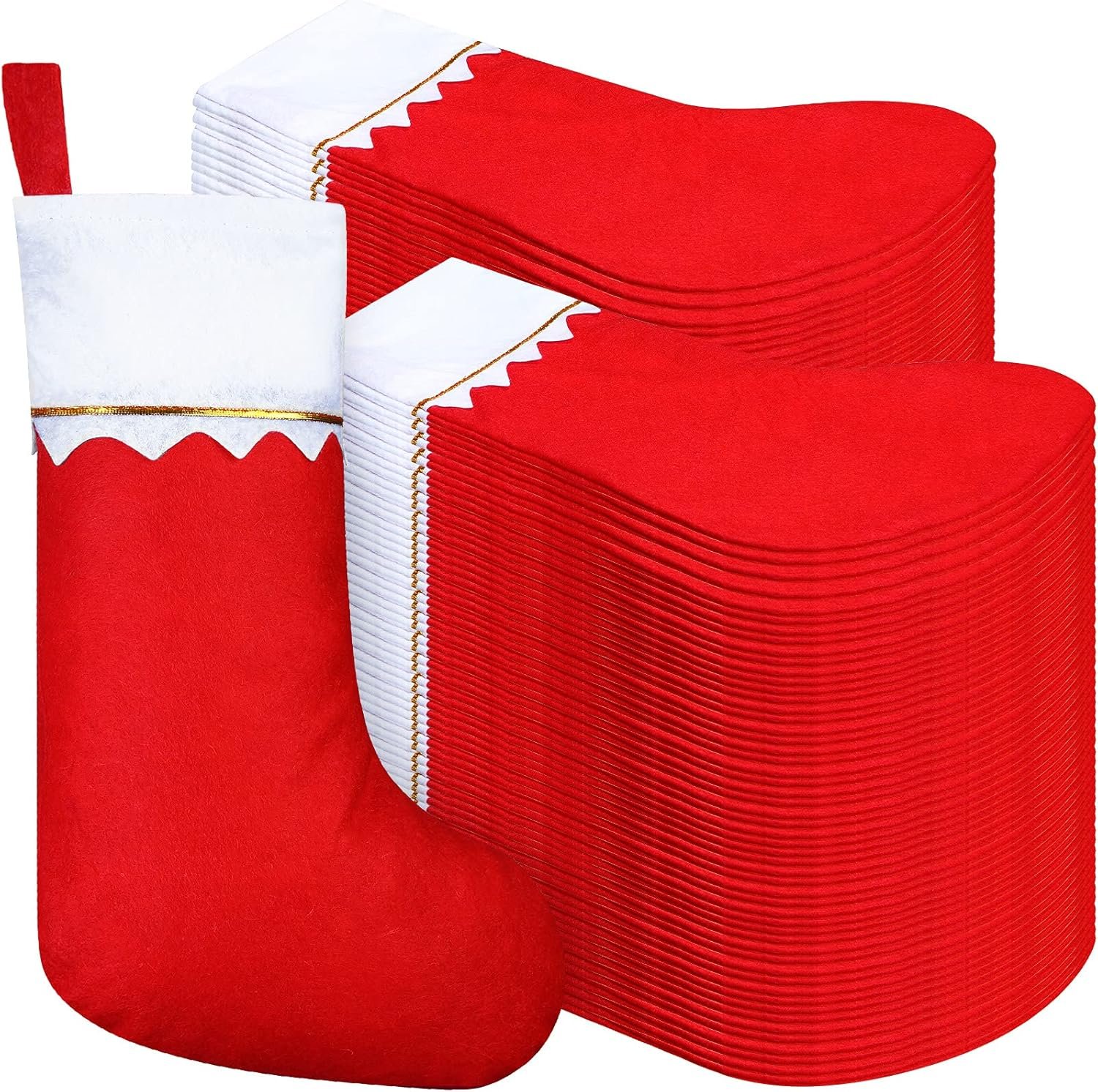 Sumind 100 Pieces Felt Christmas Stockings 15 Inch Party Favors Stockings Xmas Decoration Stocking Rustic Santa Stocking for Christmas(Red with White Trim)
