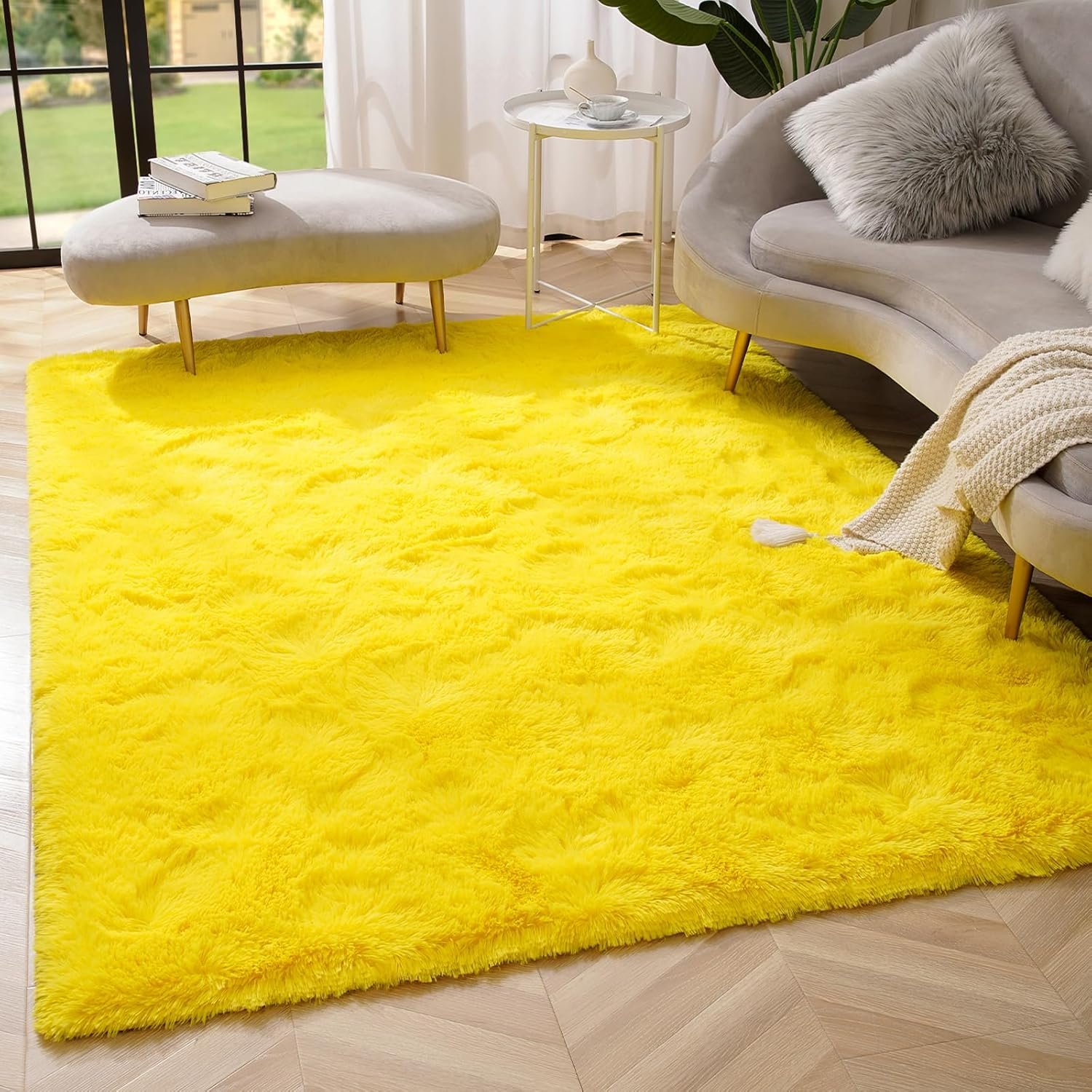 Amearea Premium Soft Fluffy Rug 4×5.3 Feet, Fuzzy Area Rugs for Bedroom, Shag Carpet for Living Room Nursery Kids Room Decor, Comfortable Indoor Furry Dorm Carpets, Yellow