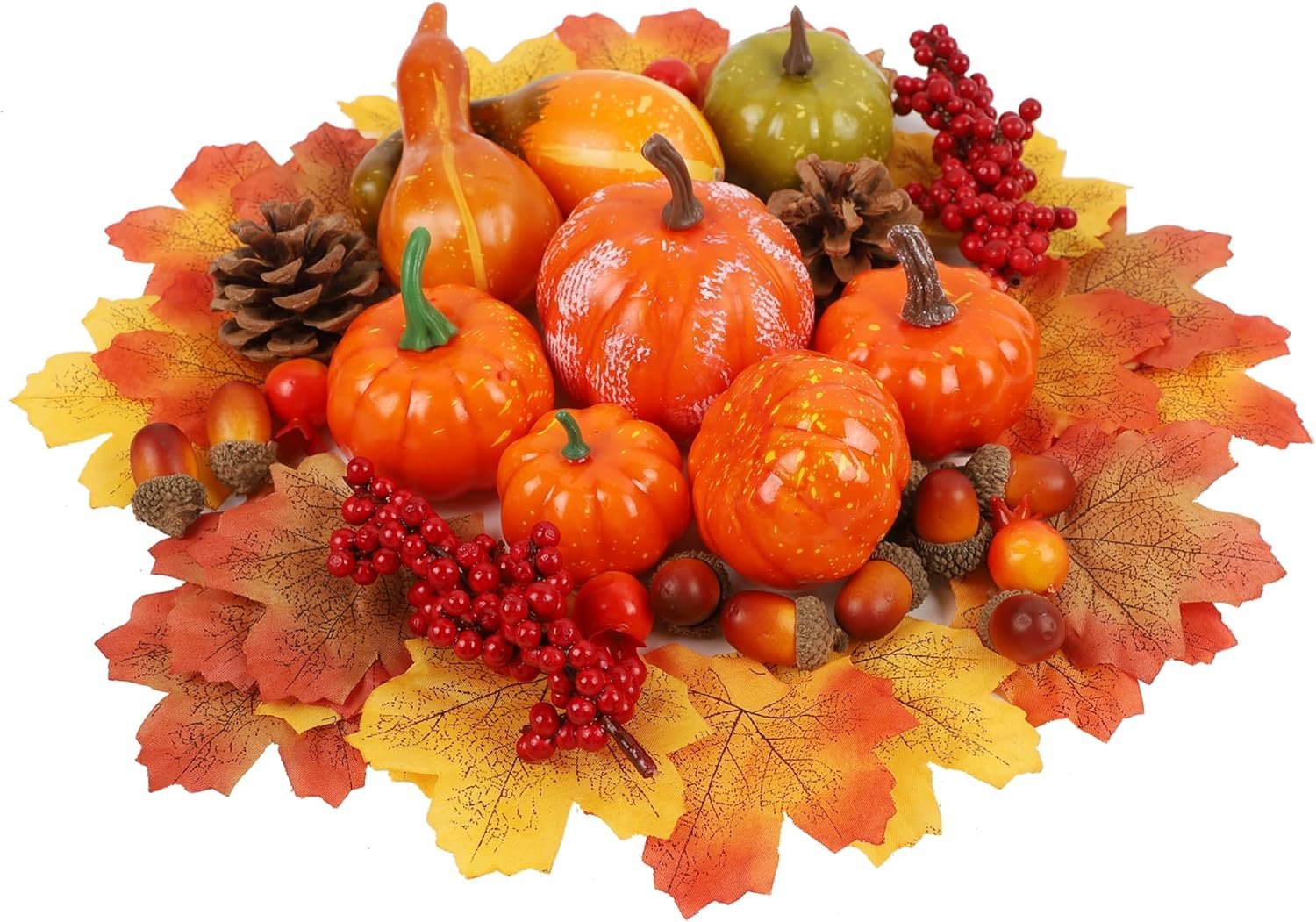 winemana 57pcs Fall Decorations for Home – Small Pumpkins for Decorating with Fake Leaves, Gourds & Pinecones -Thanksgiving Decor for Table Centerpiece Indoor Room Autumn Harvest Decor
