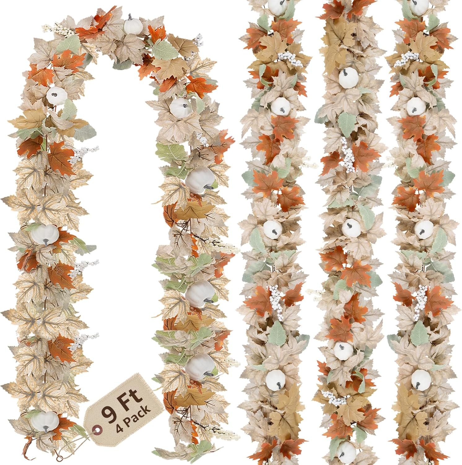 Neutral Fall Garland for Mantle Fireplace – 4 Pack Toatal 36Ft Outdoor Autumn Leaves Decor for Home Front Door with Pumpkins Indoor Maple for Farmhouse Stairs Porch Halloween Thanksgiving Decorations