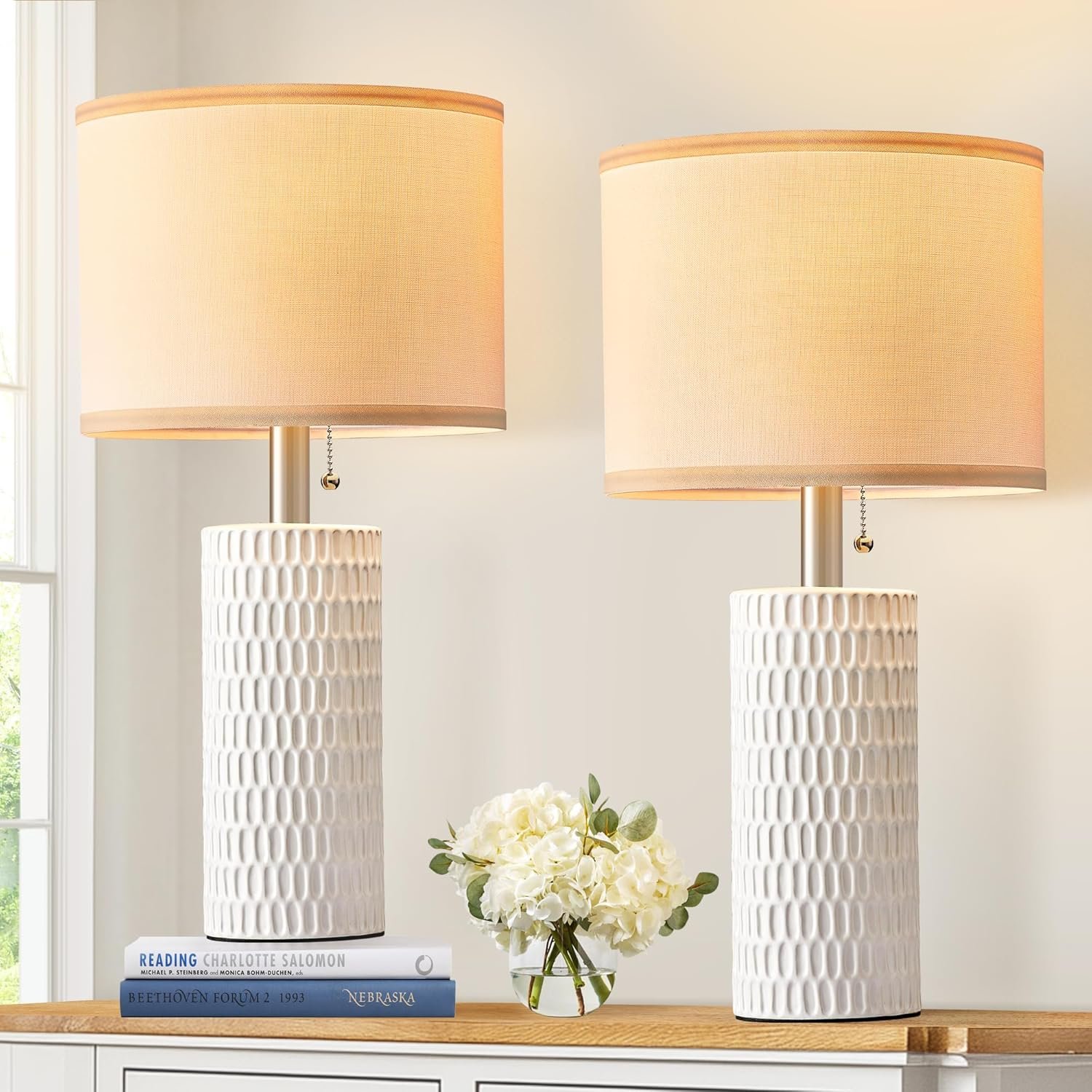 Reaketon 20″ Small Ceramic Table Lamps for Bedroom Set of 2, Modern Table Lamps for Night Stands, Living Room, Home Office and Hallways, White