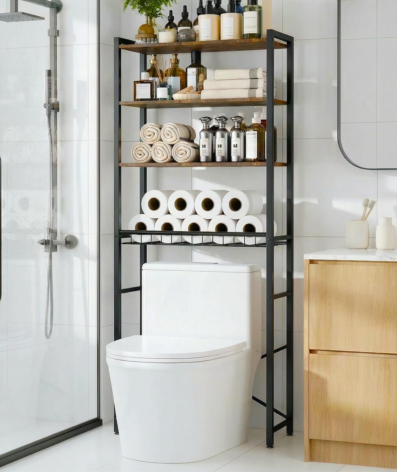4-Tier Over-the-Toilet Storage Rack with One-Piece Wooden Shelves & Open Net Basket, Bathroom Organizer with Adjustable Feet & Anti-Tip Kit, Space-Saving Toilet Shelf, Brown, 24.4″ x 9.4″ x 69.3″