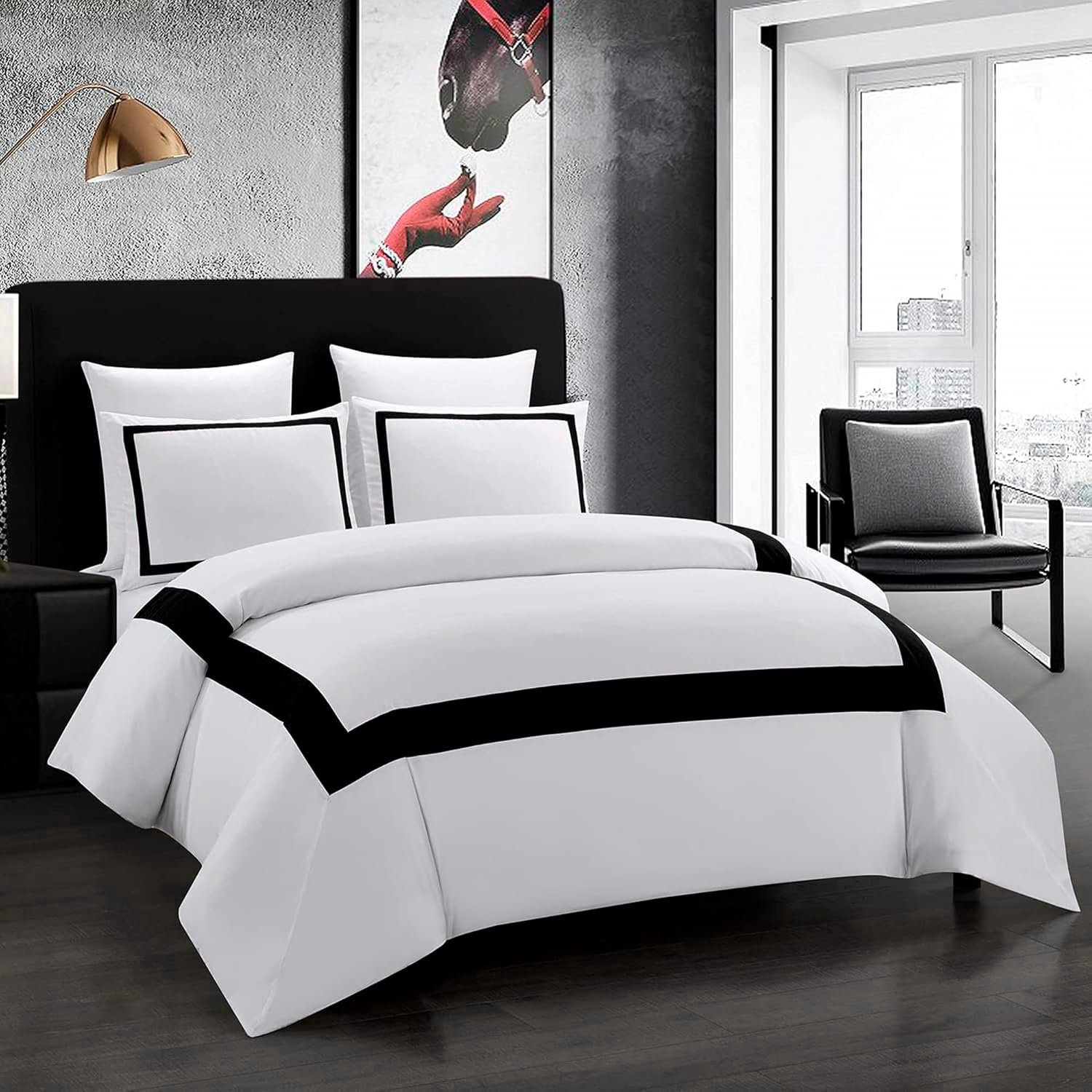 OSVINO Hotel Duvet Cover Set Queen Size 3Pcs Black Line Pattern Bedding Collection Ultra Soft Breathable Duvet Cover with Pillowcases