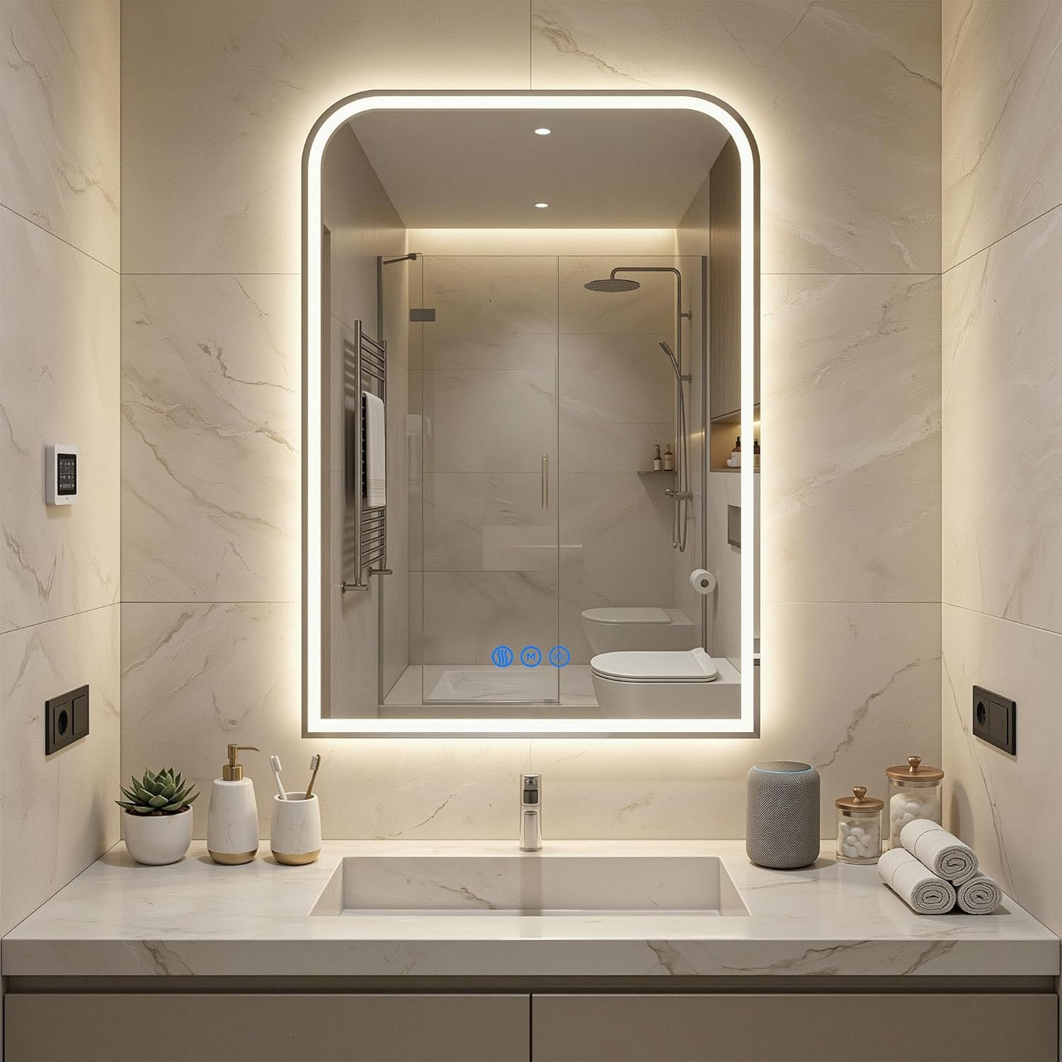 Antok LED Bathroom Mirror, LED Mirror with Lights for Bathroom, Lighted Vanity Mirrors for Wall, Anti-Fog, Dimmable, Tempered Glass, Memory Function, 3 Colors, Safe Use, 36″ L x 24″ W, White