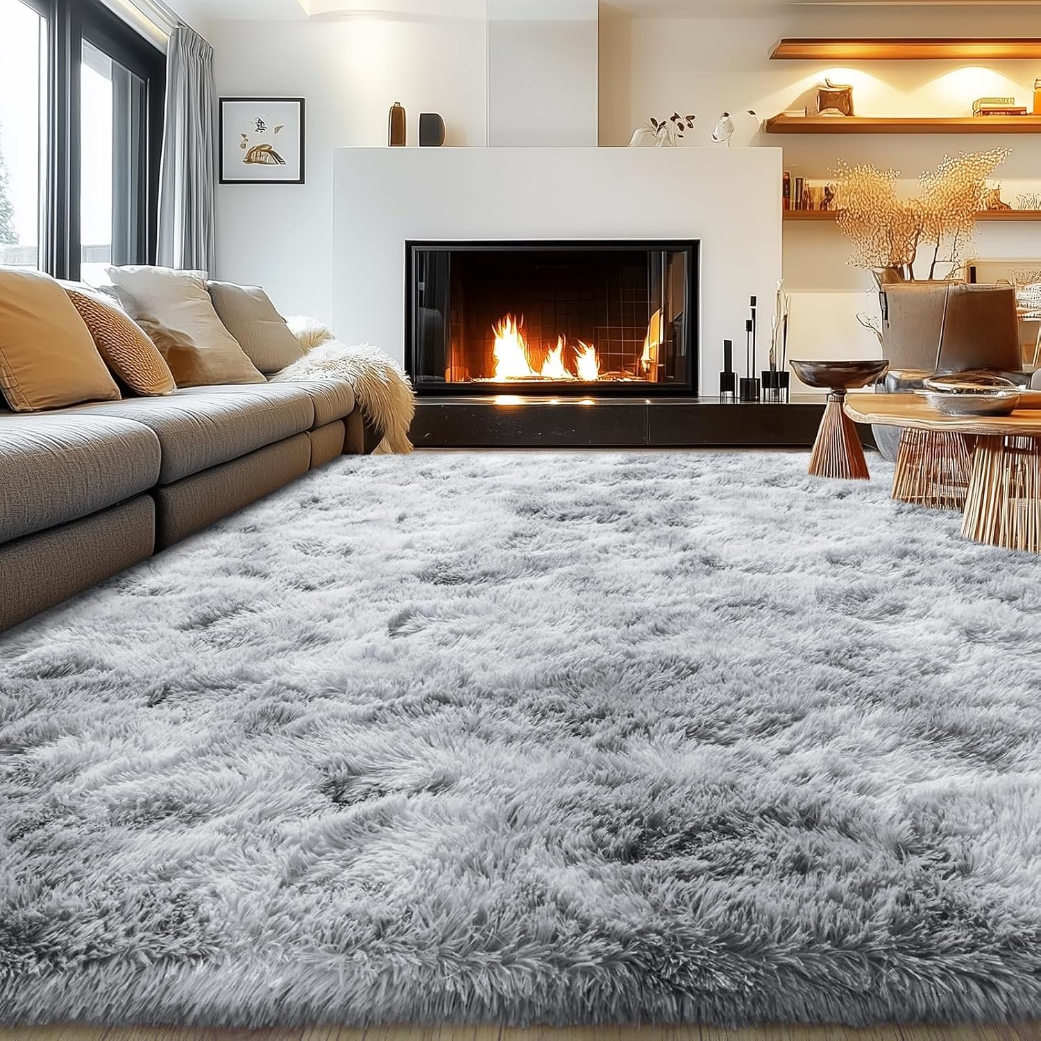 Rezutan Area Rugs 9×12 Living Room, Large Fluffy Rugs for Bedroom, Soft Carpet Shag Kids Room Rug,Fuzzy Rugs Indoor W/Non-Slip Bottom (Grey Tie-Dyed)