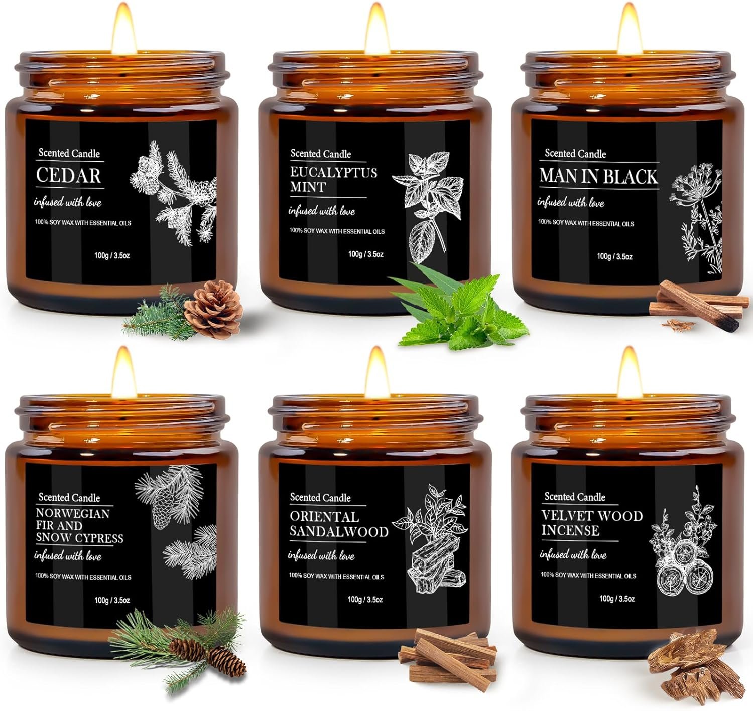 Scented Candles for Men | 6 Pack Candles for Home Scented, 150 Hour Burn Time Aromatherapy Christmas Candles Gifts for Men Birthday|Sandalwood Cedar |