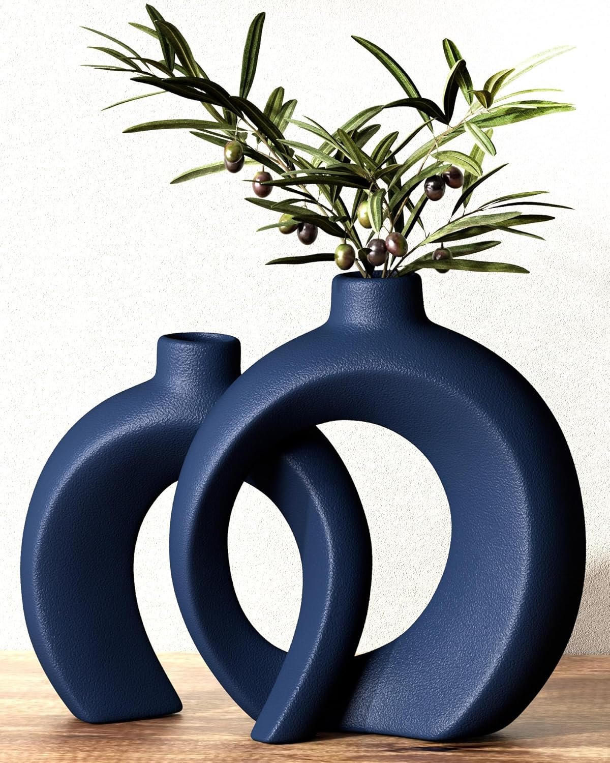 Blue Vase Set of 2 – Donut Navy Vases Home Decor, Modern Coastal Decor – Decorative Vase, Ceramic Decorations for Living Room Coffee Table Bookshelf Shelf Console Mantle (Matte Navy Blue)