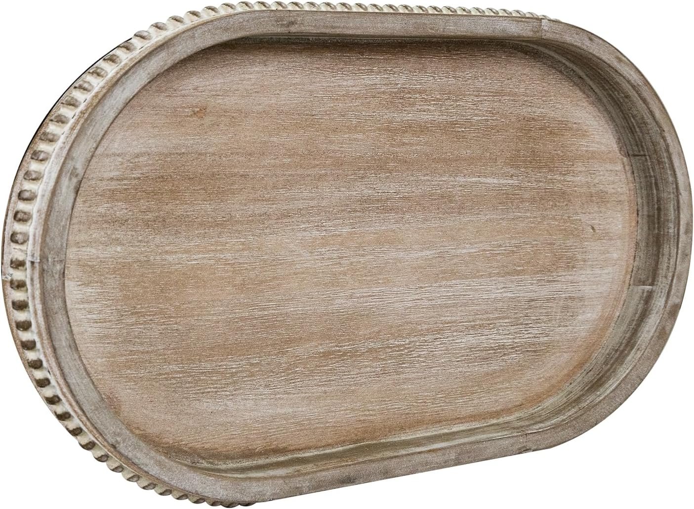 MAONAME Wood Serving Tray, Farmhouse Wooden Tray for Coffee Table, Oval Beaded Trays, Washed White Decorative Trays for Living Room, Kitchen, 15″ X 9″ X 1.2″