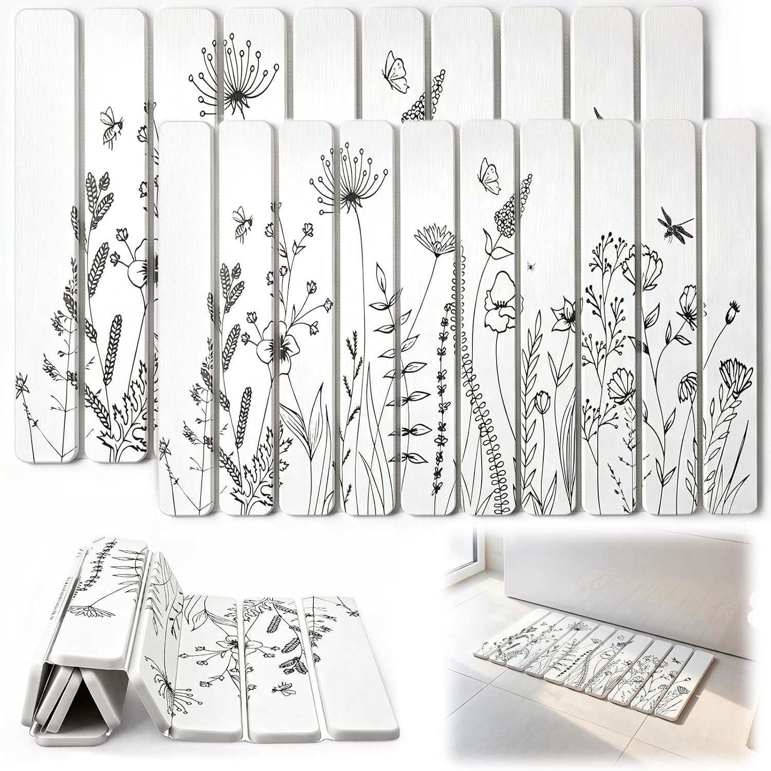 2 Pcs Foldable Stone Bath Mat Absorbent Diatomaceous Earth Large Mats for Bathroom, Quick Dry Non-Slip for Kitchen Counter Bathtub and Shower(White,15 x 24 Inch and 15 x 32 Inch,Flowers)