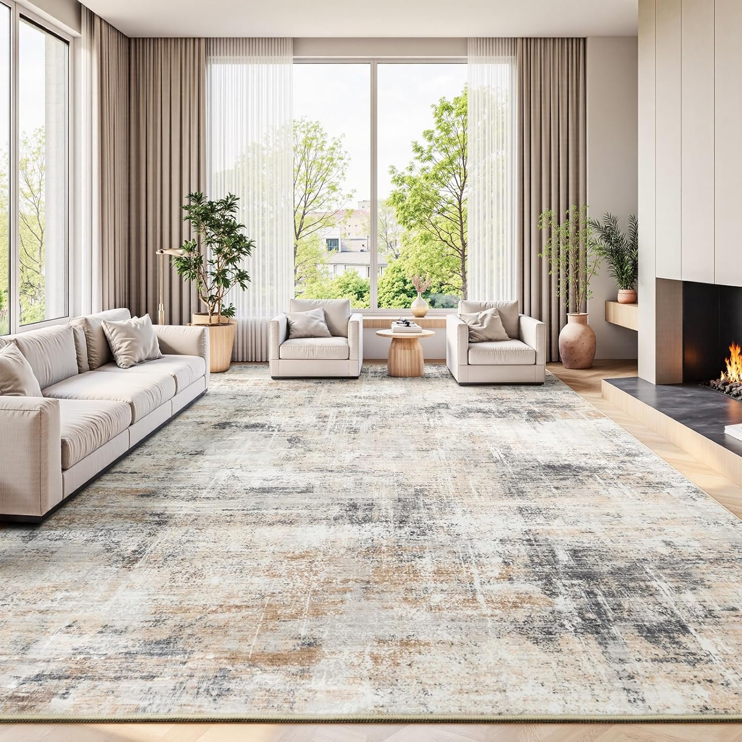 Lofus 9×12 Area Rug for Living Room,Gold Abstract Large Rugs with Non-Slip Backing, Neutral Modern Washable Carpet for Bedroom Dining Room Home Office Nursery Indoor