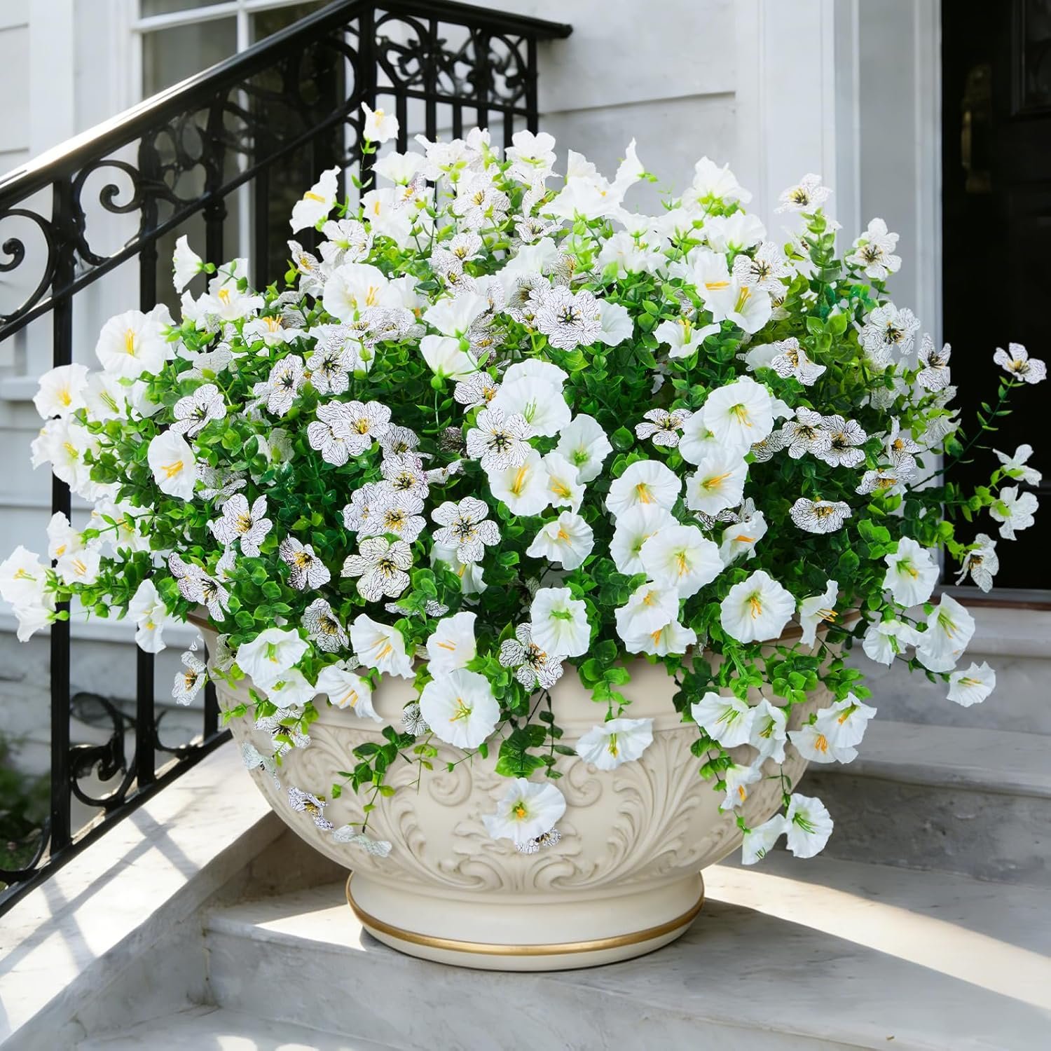 Hrobek Artificial Flowers for Outdoors Faux Plants Outside Indoor,Realistic UV Resistant Silk Fake Daisy Morning Glory for Home Patio Garden Back Yard Front Porch Decor Spring Summer(12 Bunches,White)