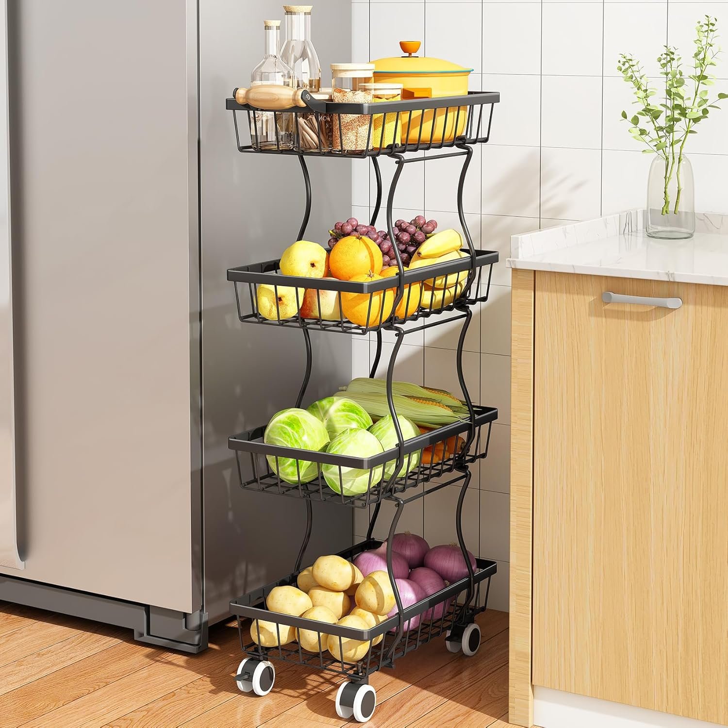 SAYZH Fruit Basket Kitchen Pantry Organizers and Storage – 4 Tier Stackable Metal Wire Basket Stand for Fruit Vegetable Snacks Jars Bins Containers Organization(Black, 4 Tiers)