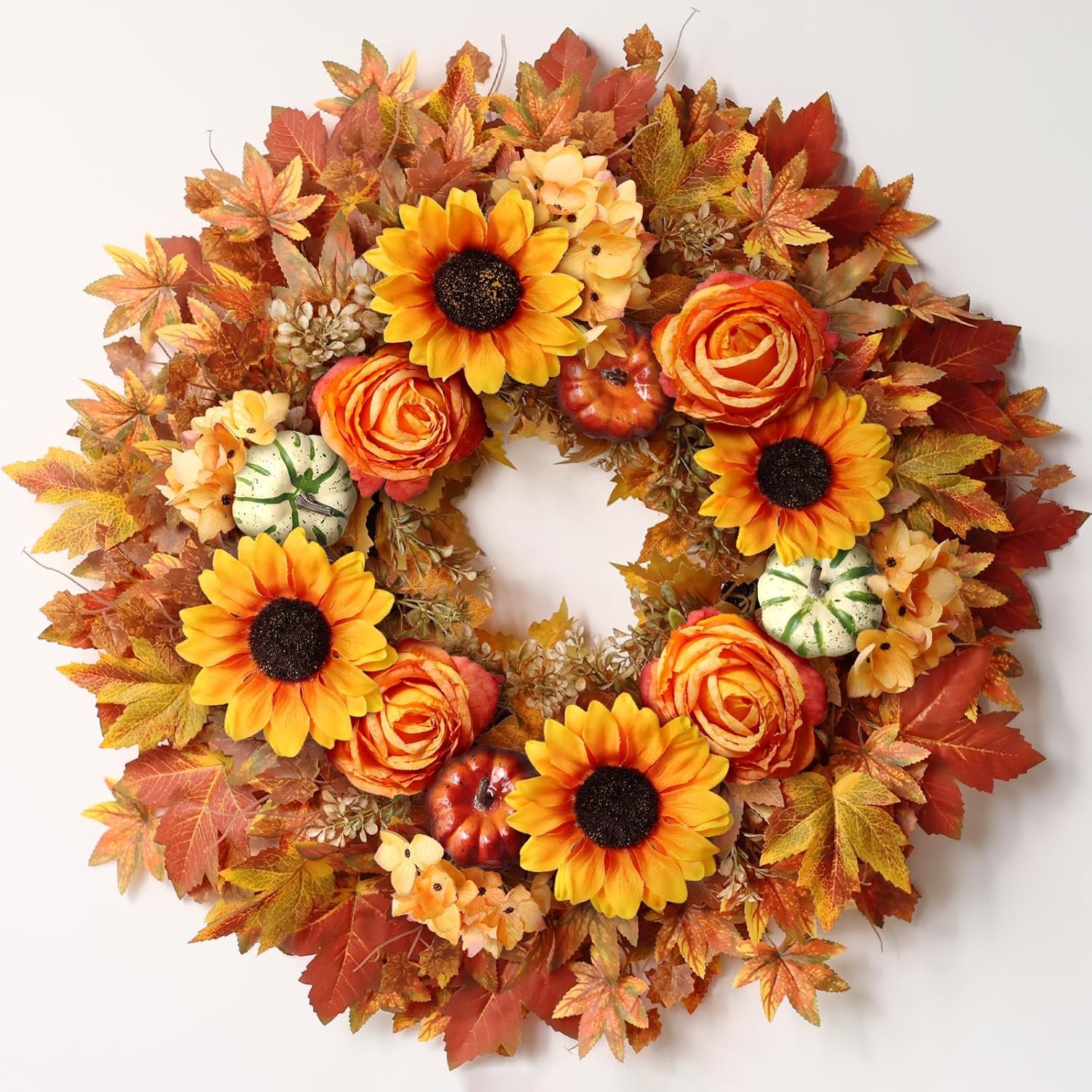 28” Large Fall Wreath for Front Door, Porch, Window- Artificial Maple Leaves Fake Pumpkins Faux Rose Sunflower Outdoor Autumn Wreath for Home, Farmhouse Wall Thanksgiving Day Harvest Festival Decor