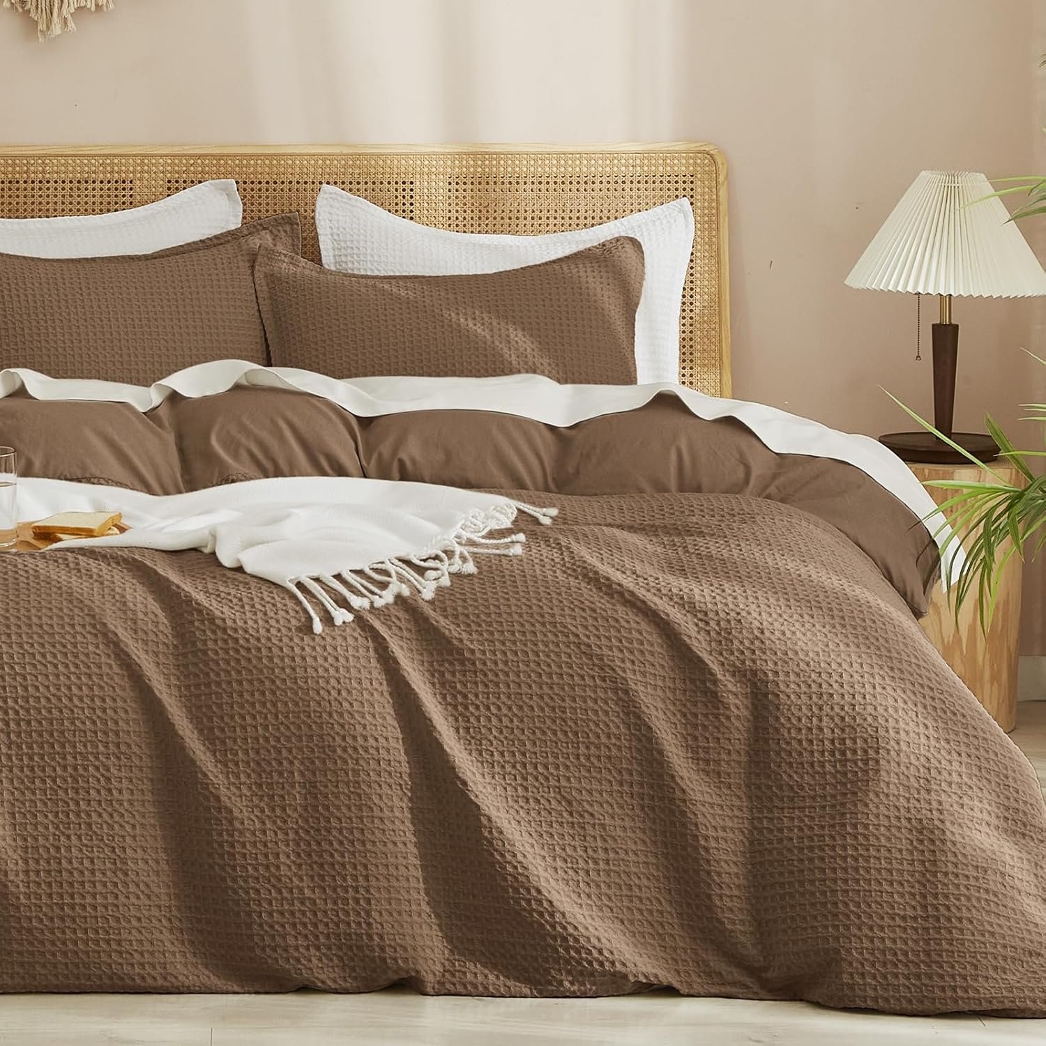 PHF Waffle Duvet Cover Set King Size, No Snagging Ultra Soft Luxury Textured Breathable Comforter Cover for All Season 3pcs, Durable Bedding Duvet Set with 2 Pillow Shams, 104″x90″, Mocha