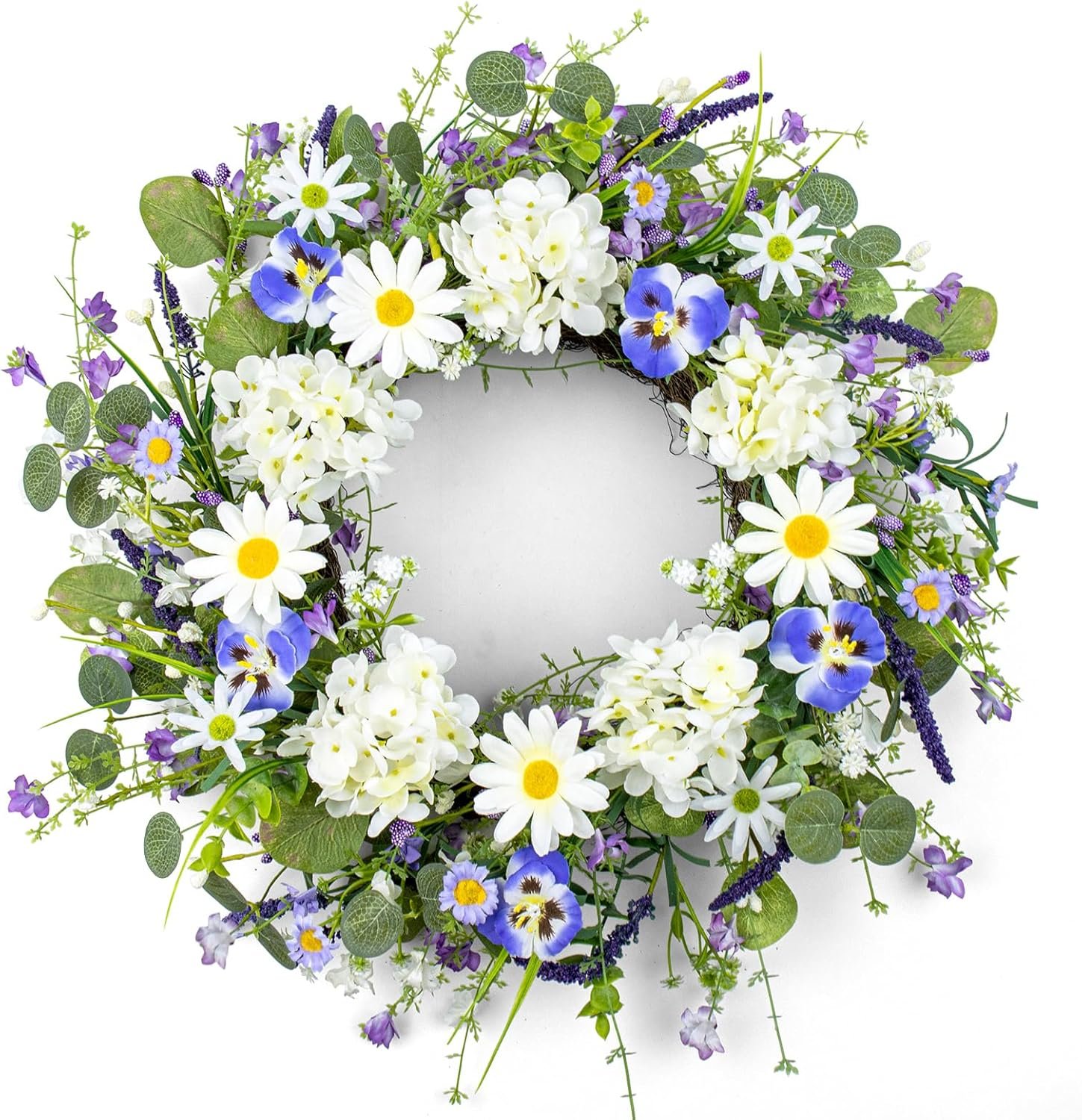 22 Inches Summer Wreaths for Front Door Spring Flower Wreath Farmhouse Spring Floral Wreaths Country Summer Door Wreath with Phalaenopsis Orchid Hydrangea Sunflower for Window Wall Porch Decoration