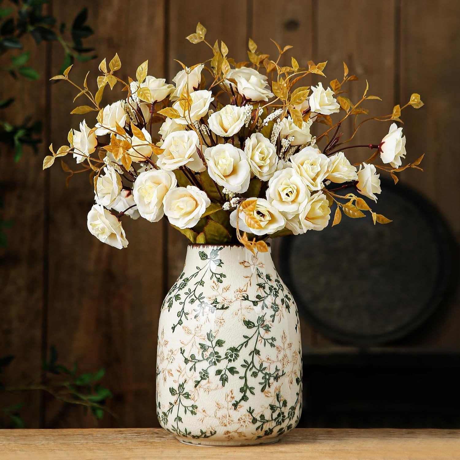 Green & Beige Vintage Chinoiserie Ceramic Vase 7.8”, Floral Rustic Decorative Vase for Living Room, Bookshelf, Office, Grandmillennial & Tuscan Decor